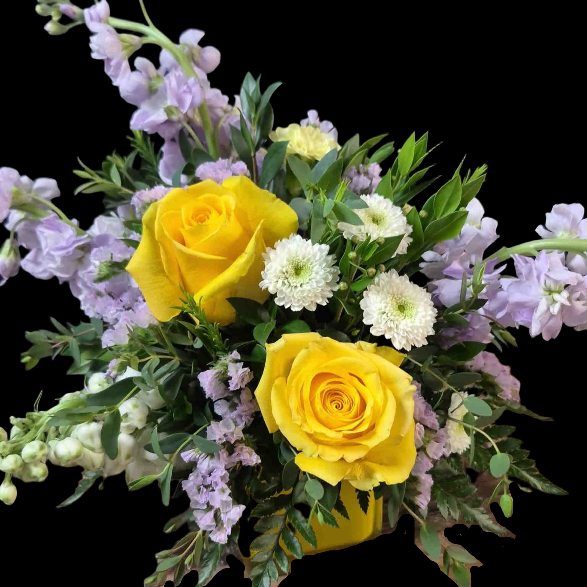 Bouquet of yellow roses, lavender stock, and white snapdragons arranged in a, photo 2 of 2