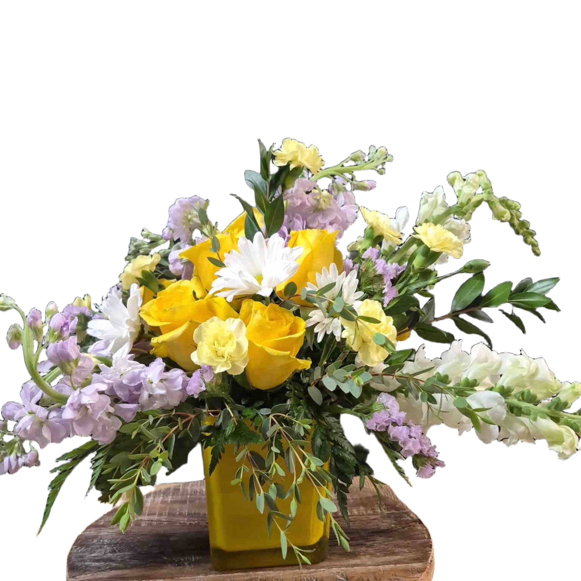 Bouquet of yellow roses, lavender stock, and white snapdragons arranged in a