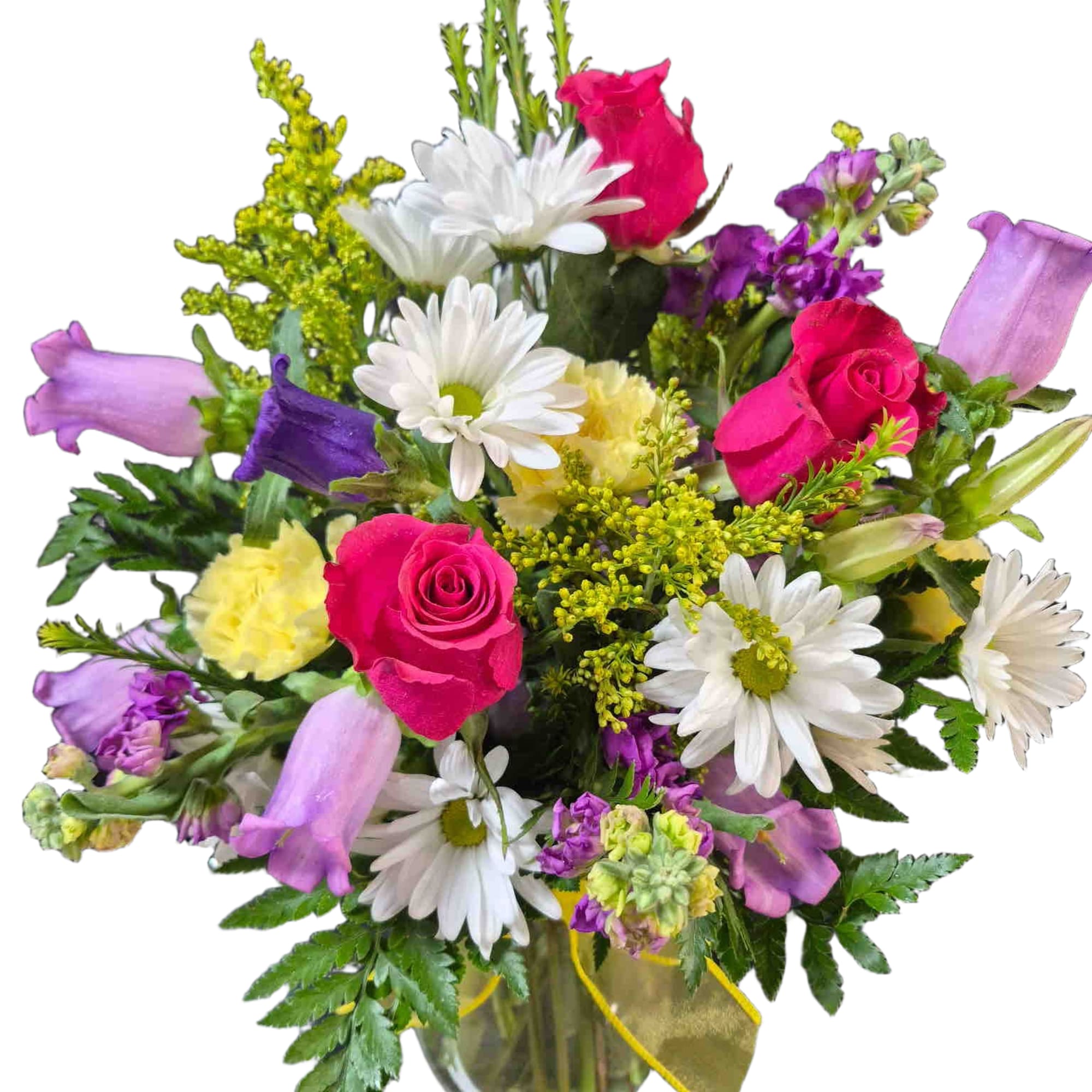 Adorable mix of pink roses, purple stock, and yellow carnations, photo 2 of 2