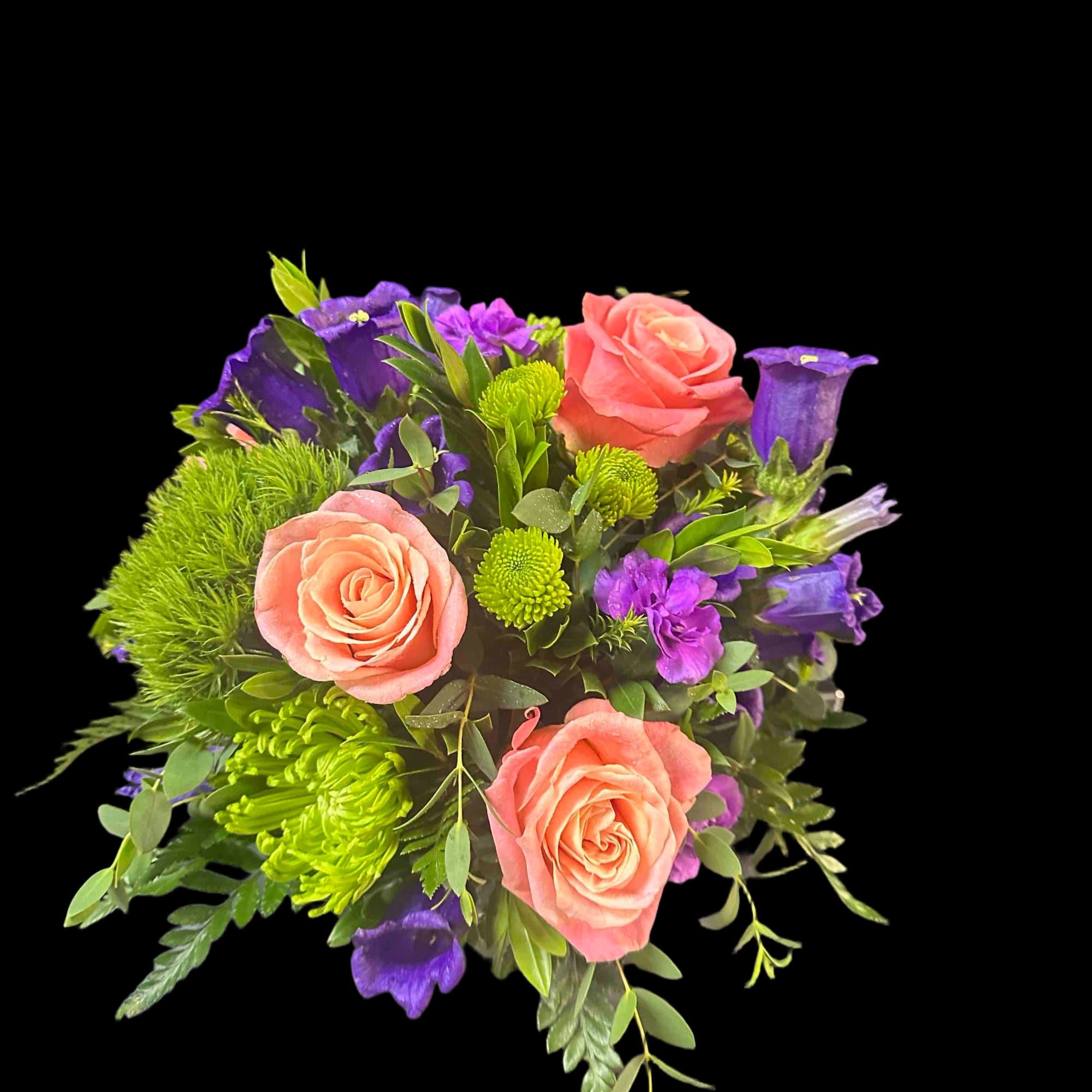 Pink, purple, and green flowers in a mosaic vase., photo 2 of 2