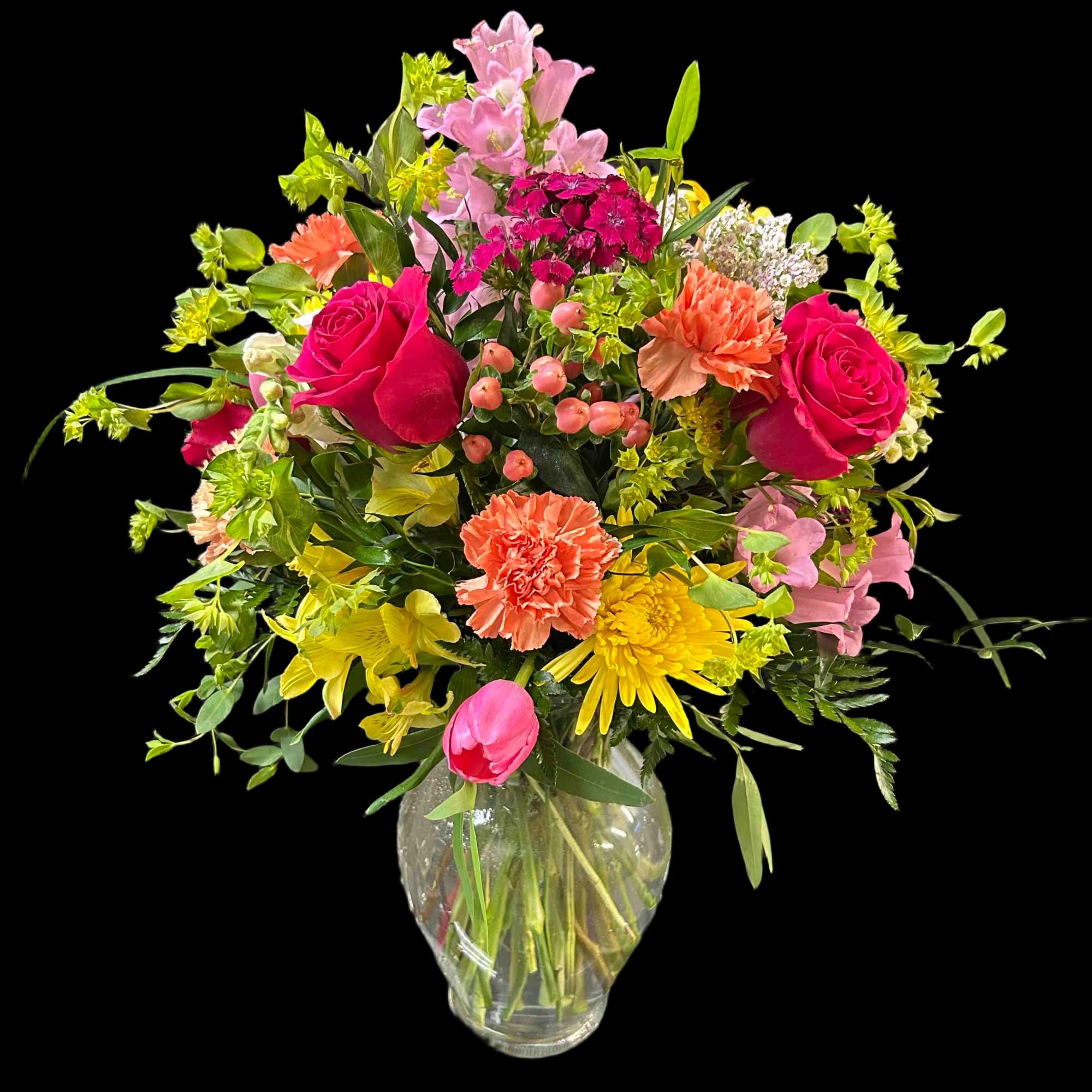 Stunning display of color using roses, carnations, alstromeria, and more, photo 2 of 2