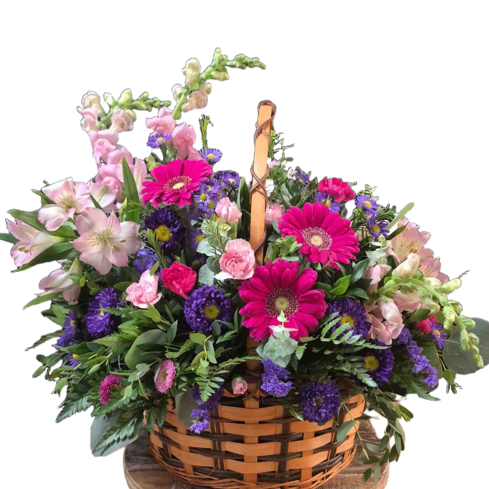 Basket with gerber daisies, snapdragons, carnations and asters