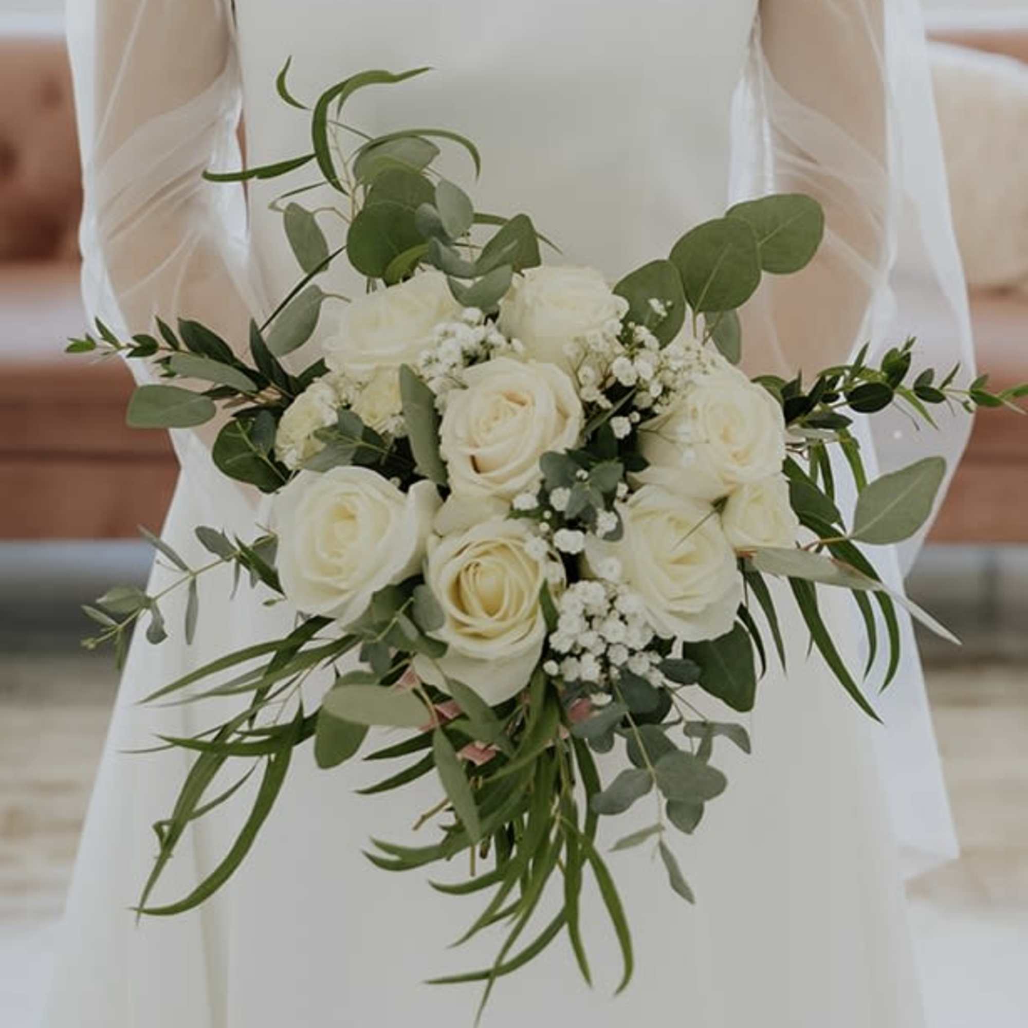 Classy white rose bouquet with baby's breath, photo 2 of 2