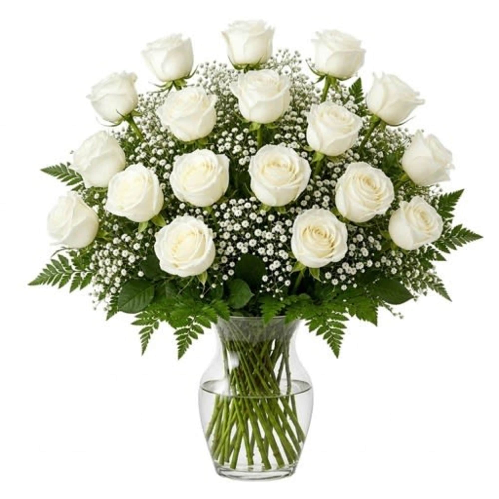 Arrangement of white roses with airy white filler, arranged in a clear