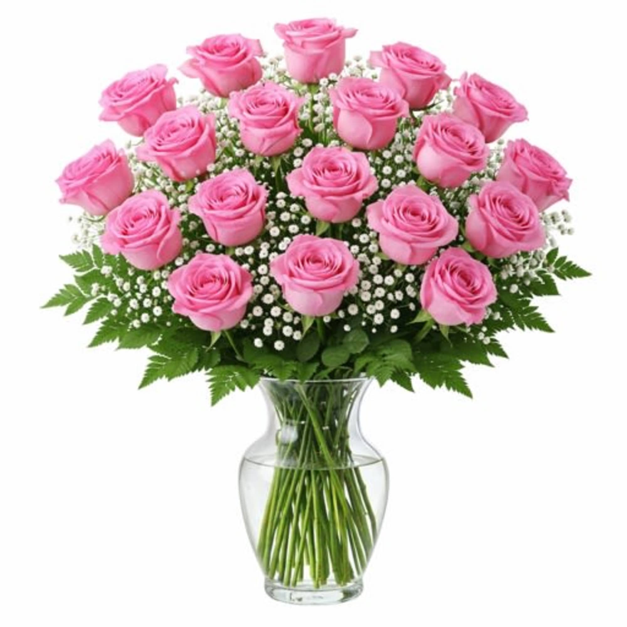 A graceful dome of a dozen pink roses sits atop a cloud