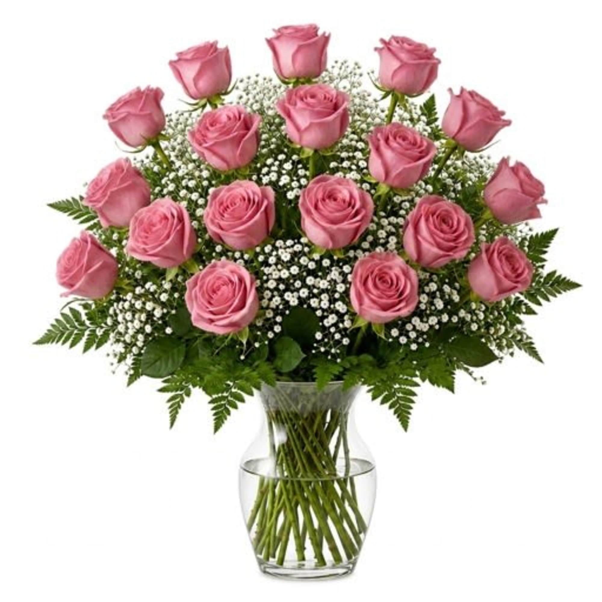 A graceful dome of a dozen pink roses sits atop a cloud