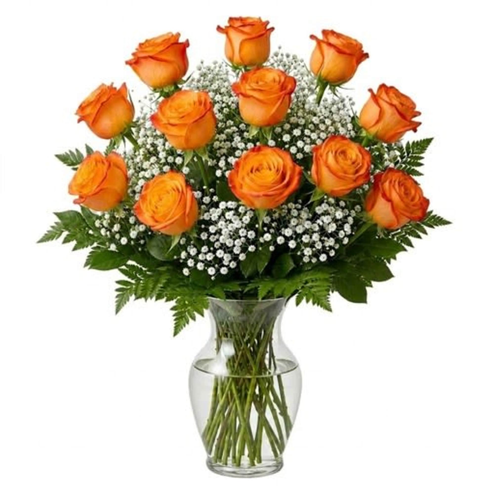 A radiant dome of a dozen stemmed orange roses crowned above a