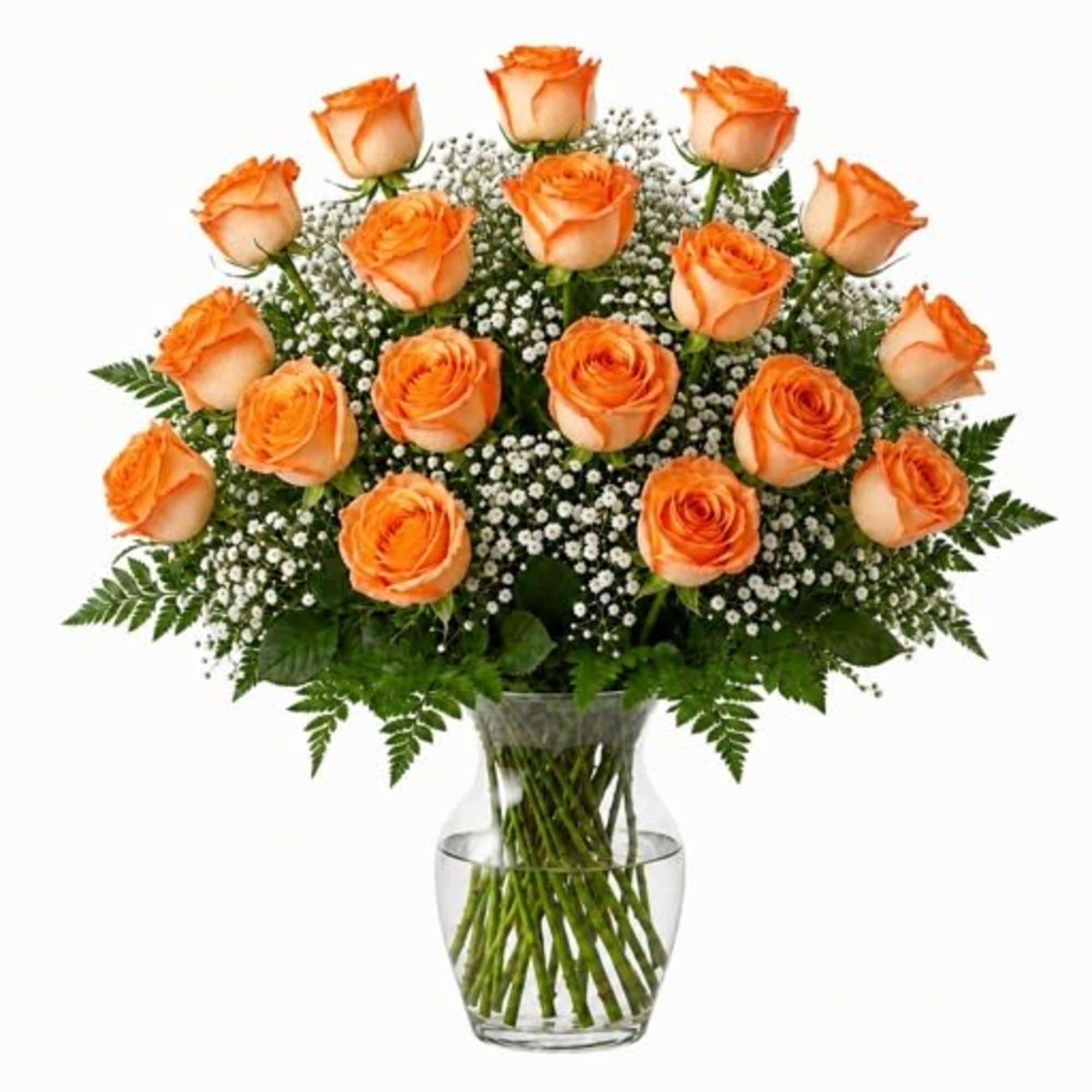 A radiant dome of a dozen stemmed orange roses crowned above a