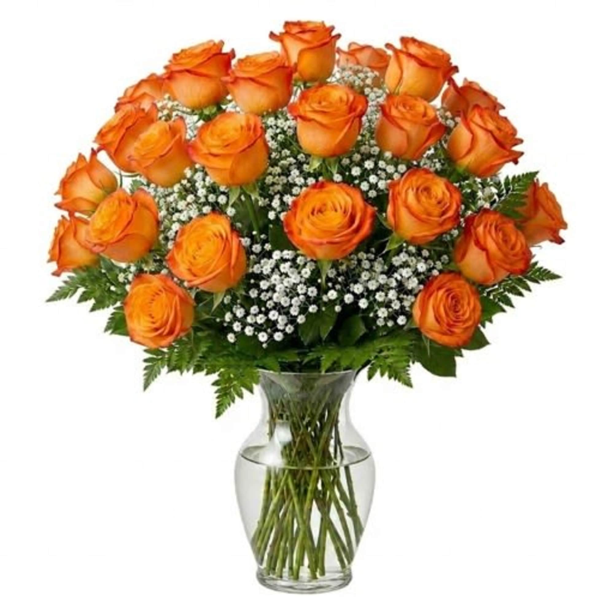 A radiant dome of a dozen stemmed orange roses crowned above a