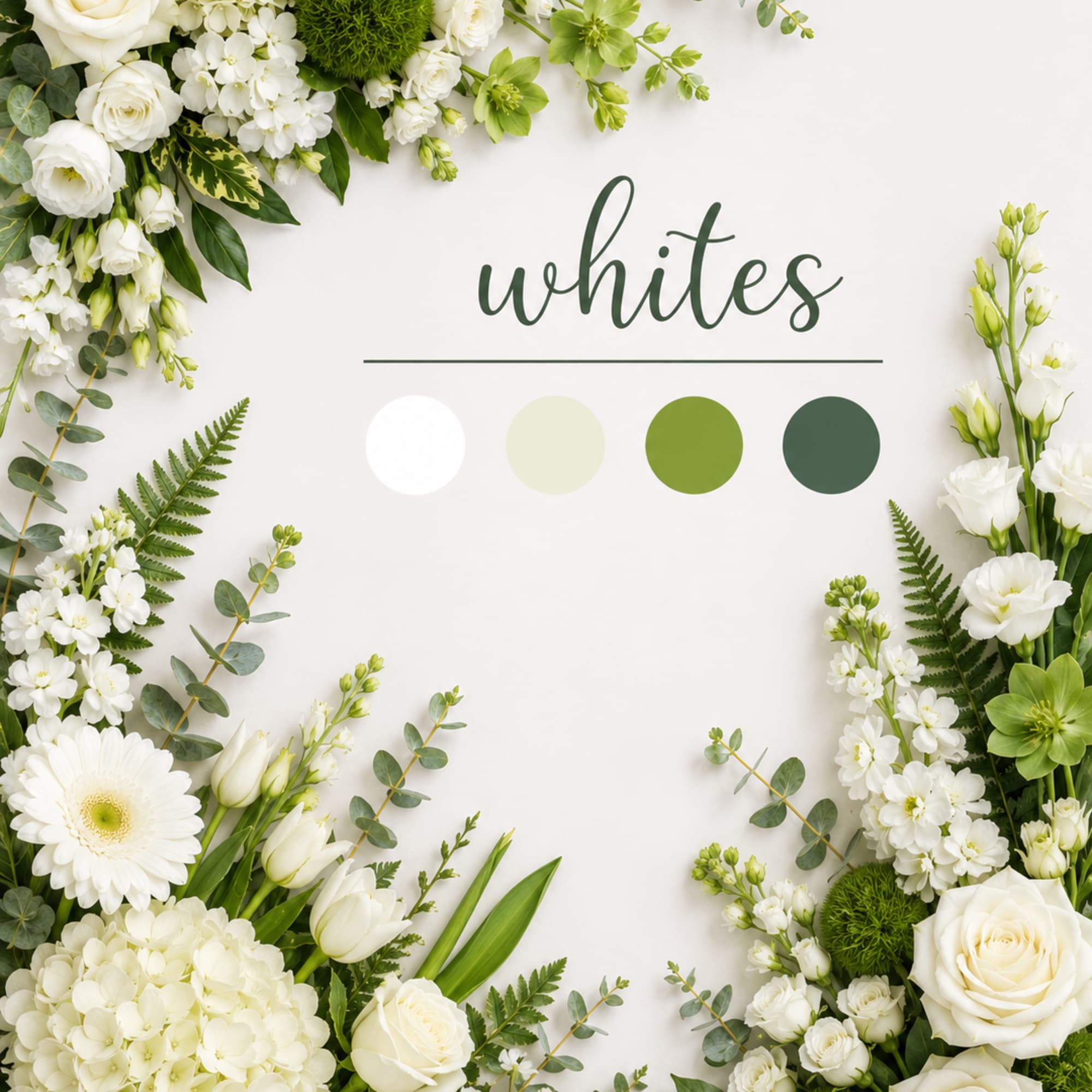 White floral frame with roses, hydrangeas, and green accents around the word whites