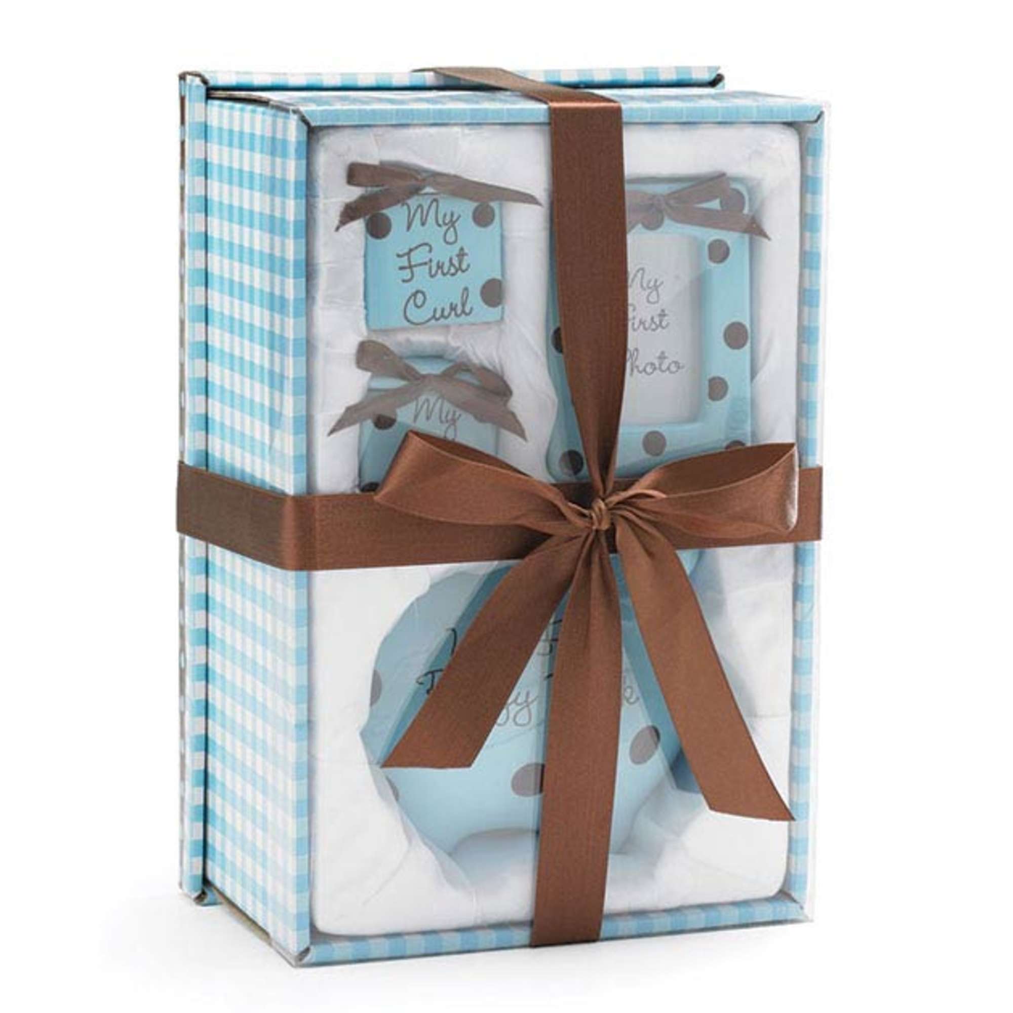 Gift box with baby keepsakes and a brown ribbon