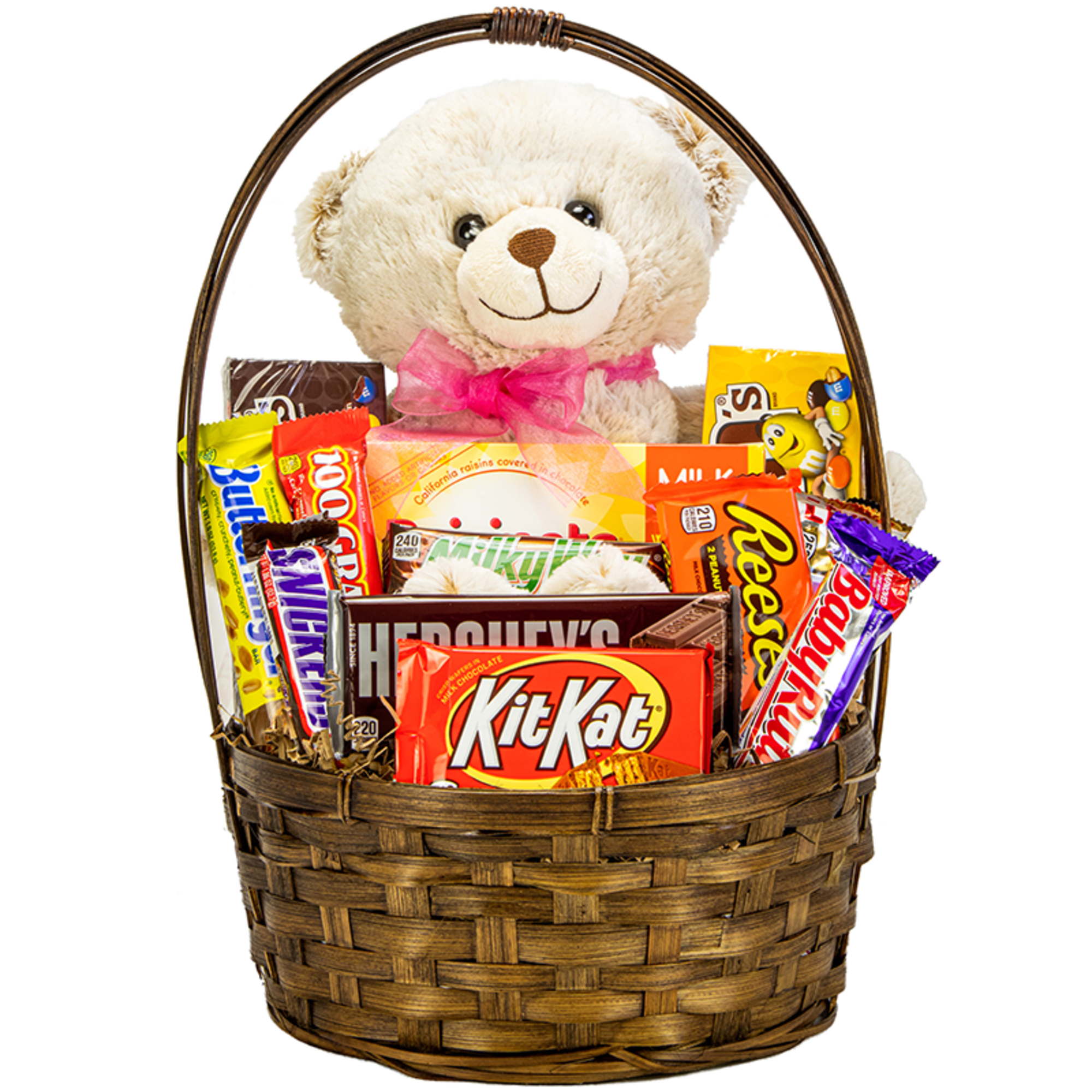 Teddy bear in a basket filled with assorted candy bars
