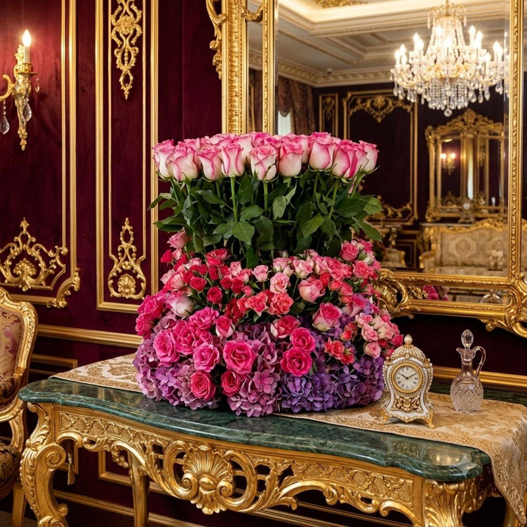 Large pink rose arrangement on an ornate table in a gilded room