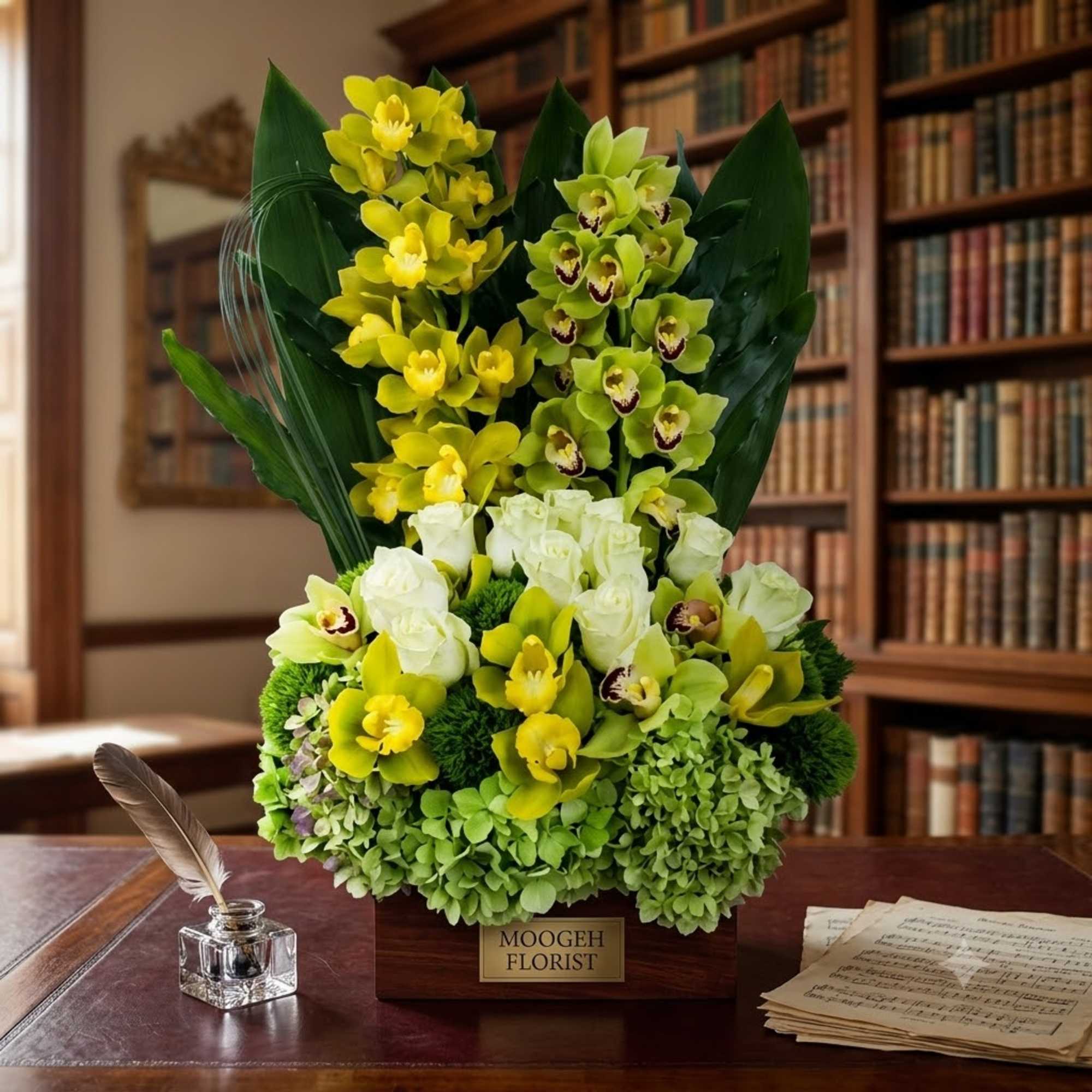 Yellow and green orchid arrangement in a wooden box on a desk