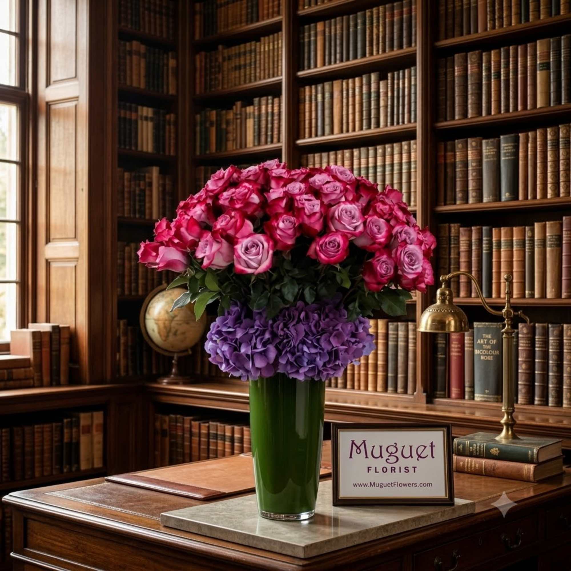 Pink roses and purple hydrangeas in a green vase on a desk