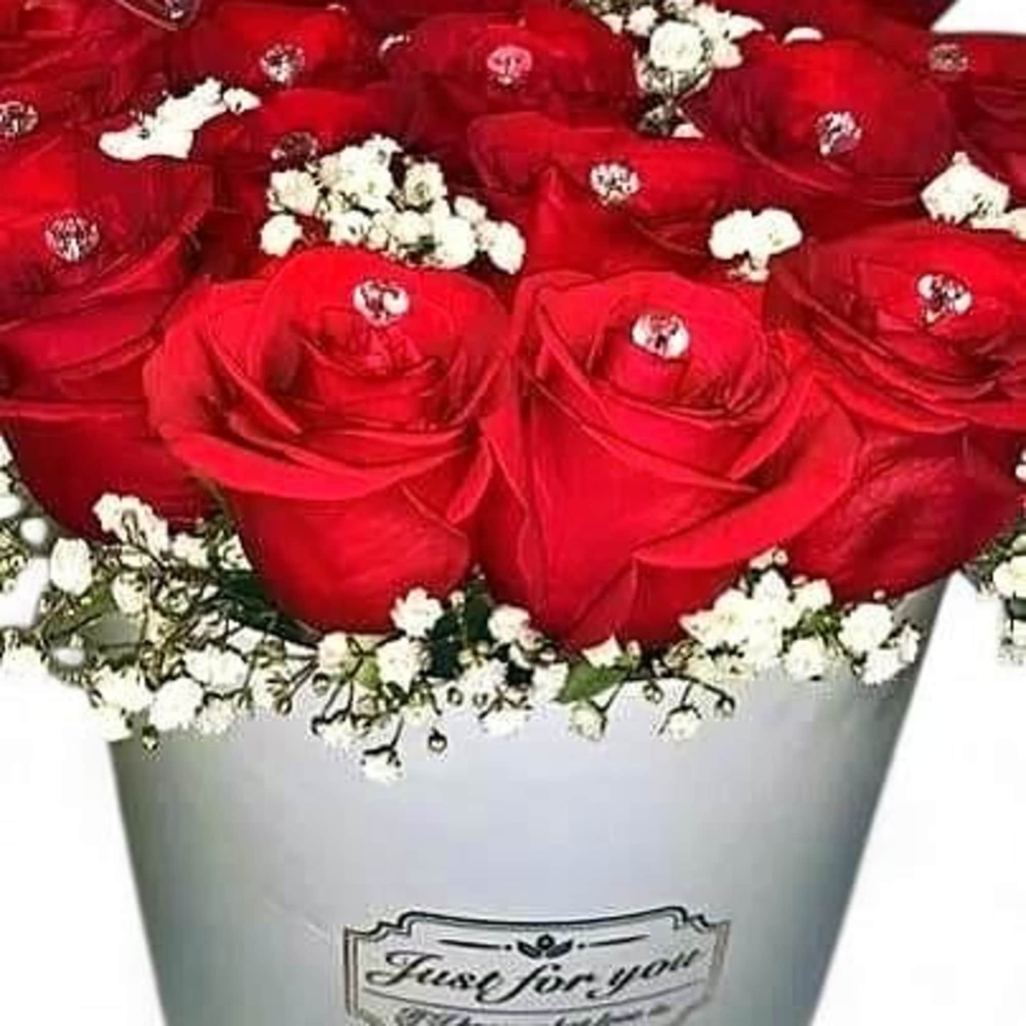 Round shaped box overflowing with our premium freedom roses. For occasions like