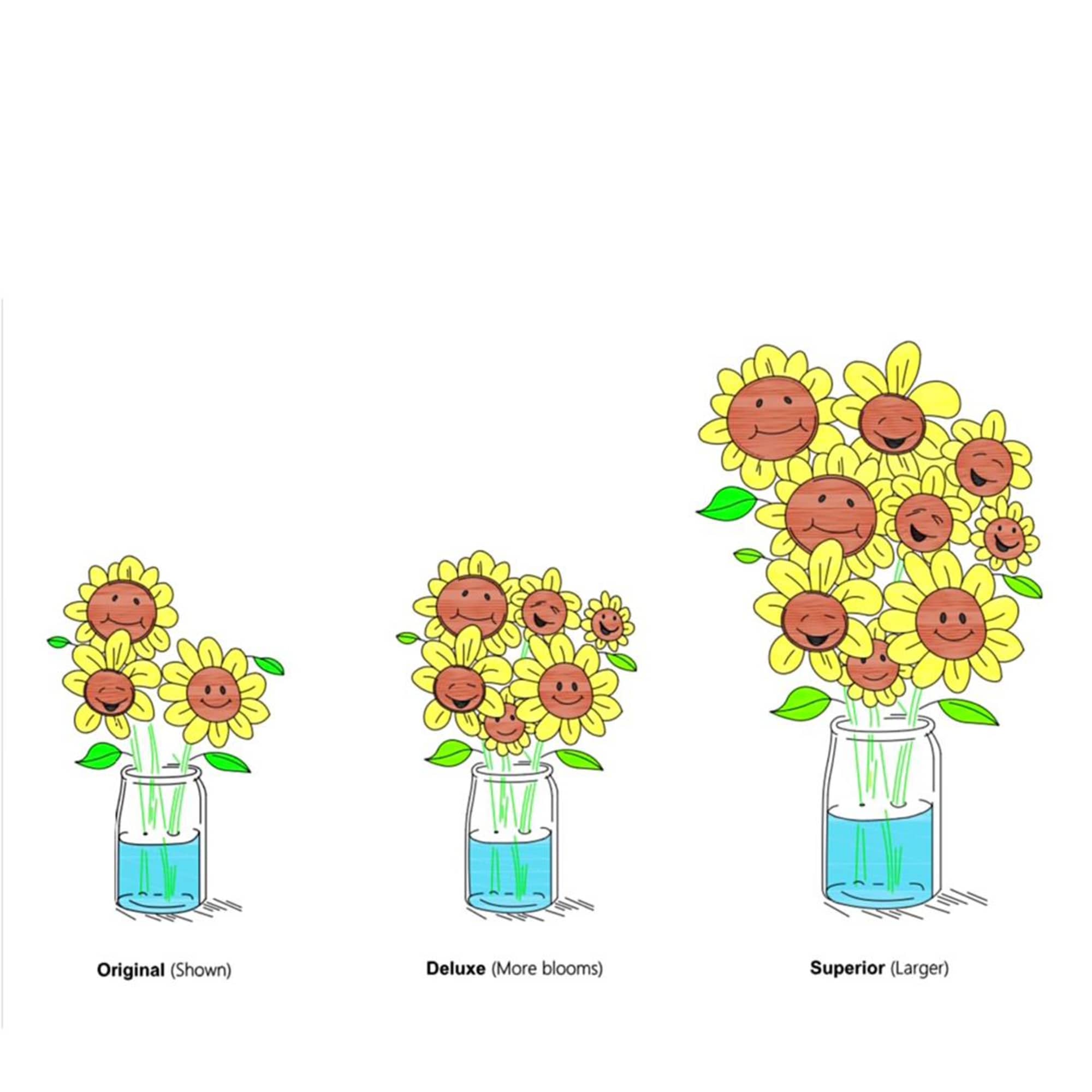 Cartoon sunflowers in glass jars with blue water, shown in three sizes