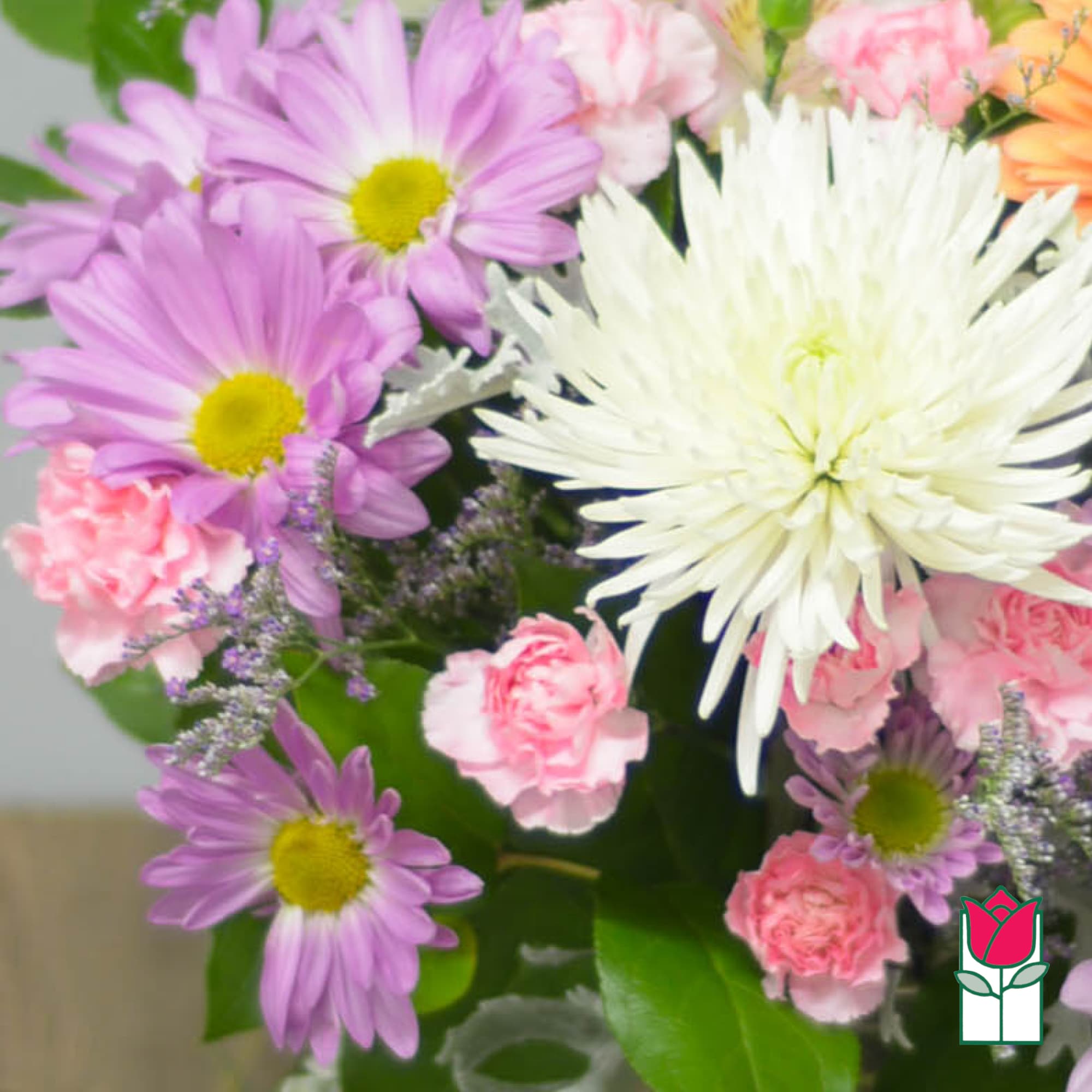Pink and white mixed bouquet with daisies and carnations