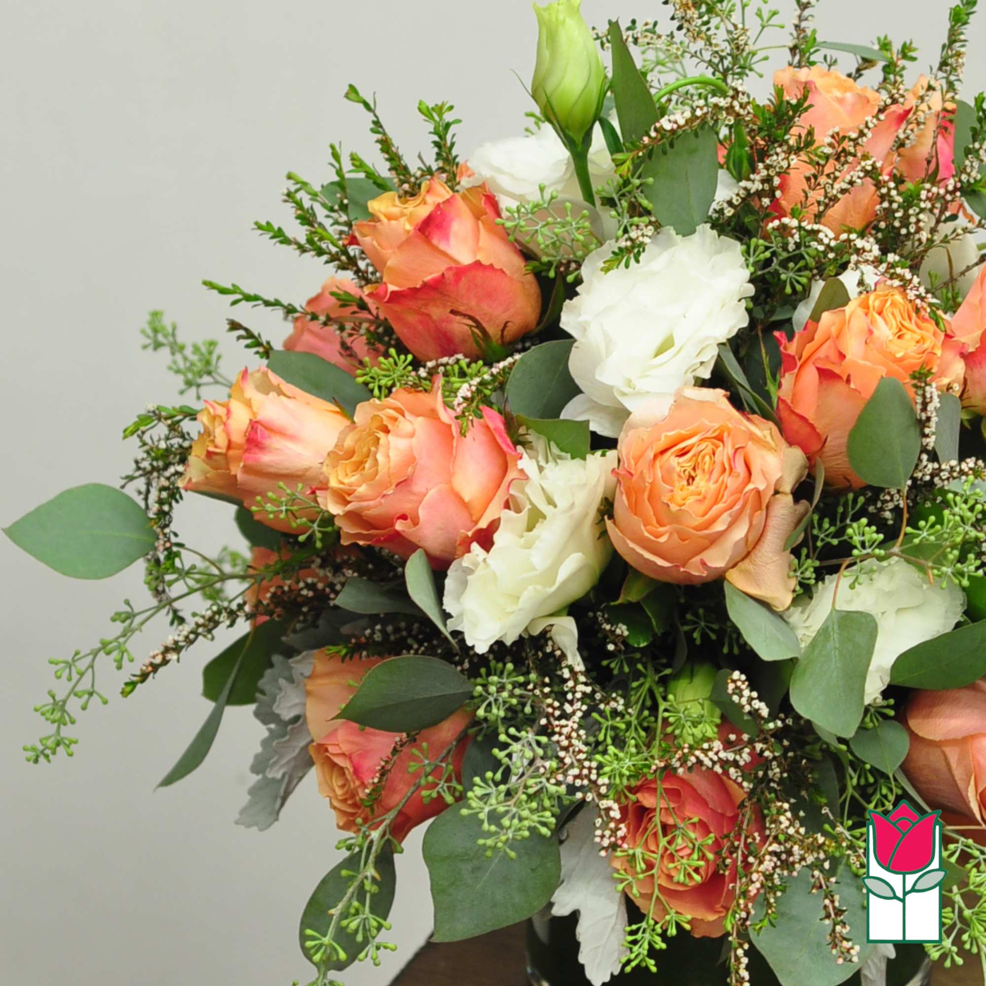 Bouquet of peach and white roses with greenery, photo 4 of 4