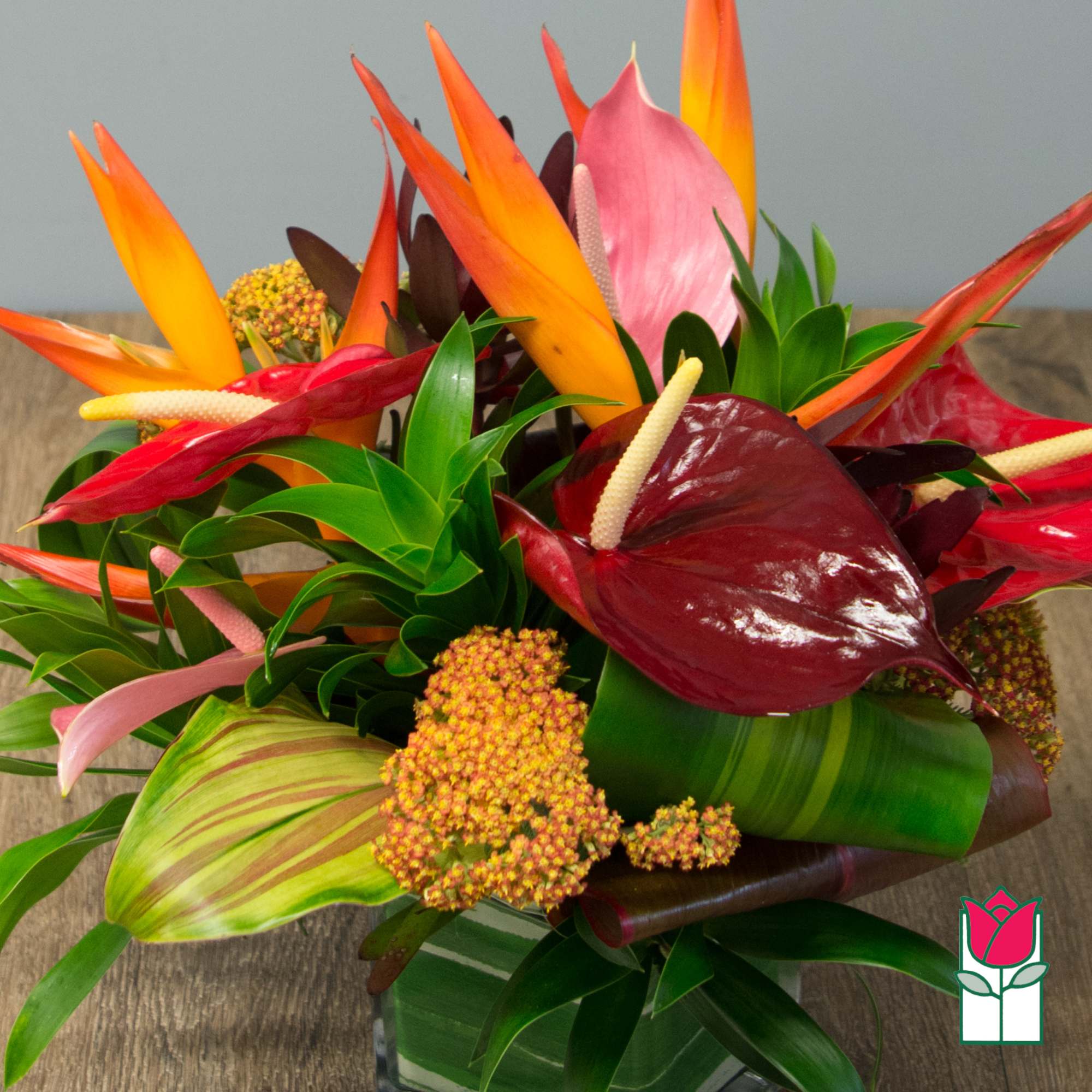 Tropical bouquet with orange bird-of-paradise and red anthuriums in a glass vase