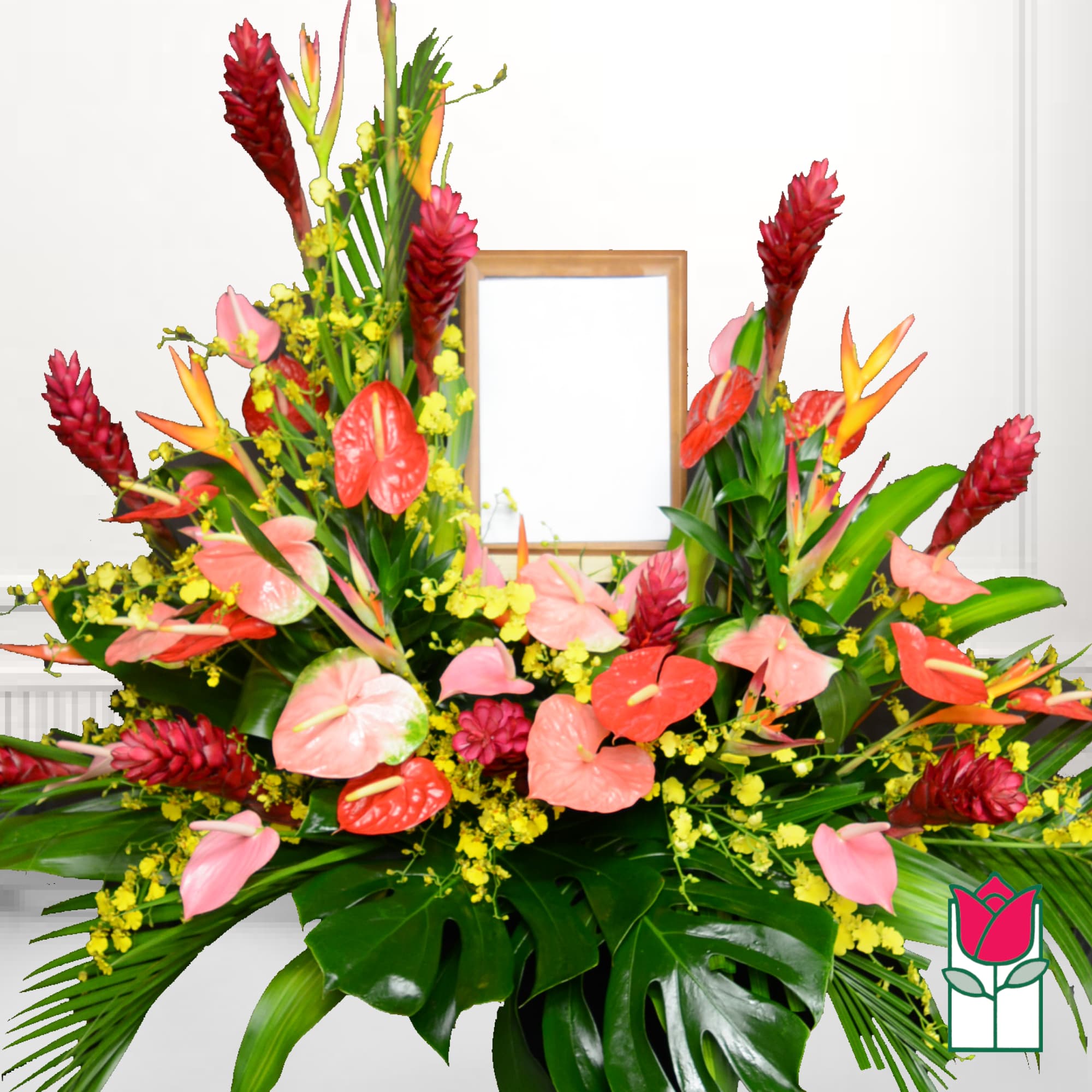 Large tropical floral arrangement with pink anthuriums and red ginger flowers, photo 2 of 2