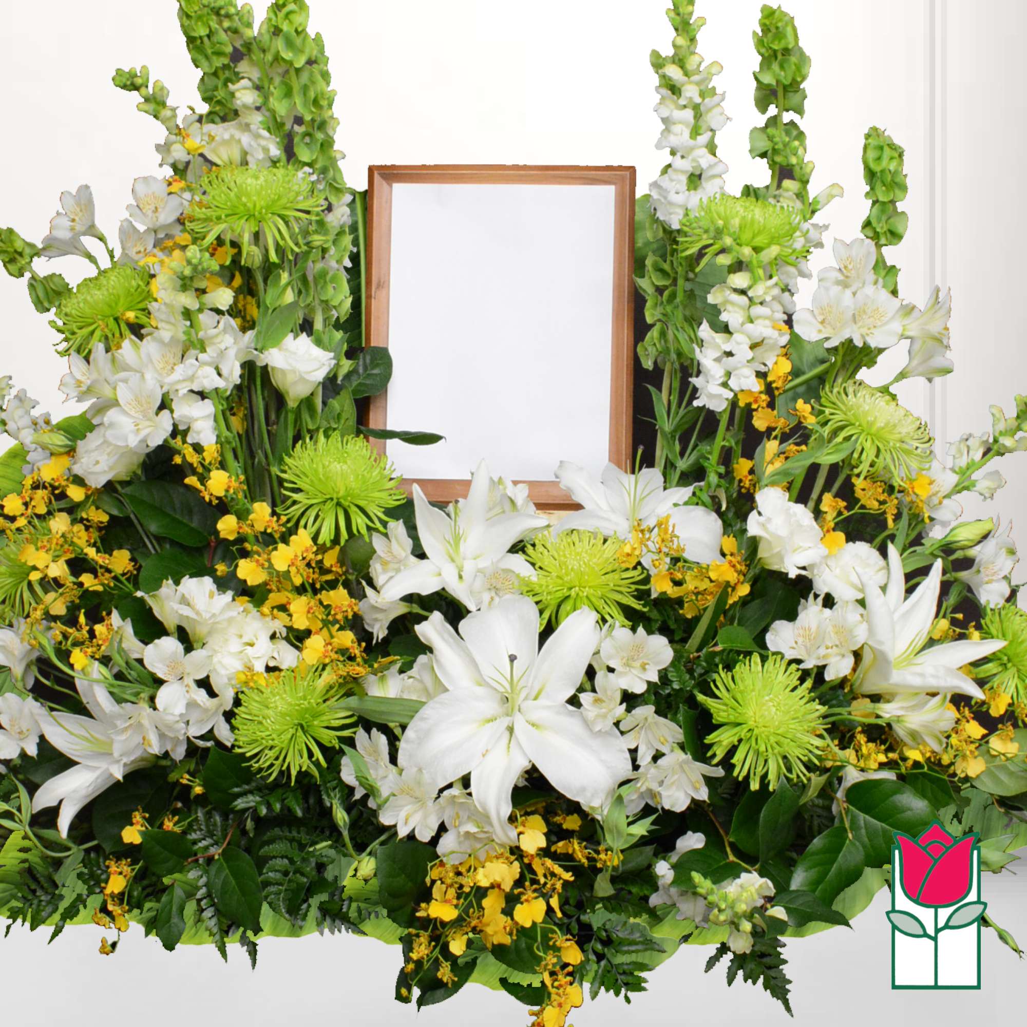 White lilies and green chrysanthemums surrounding a framed center panel