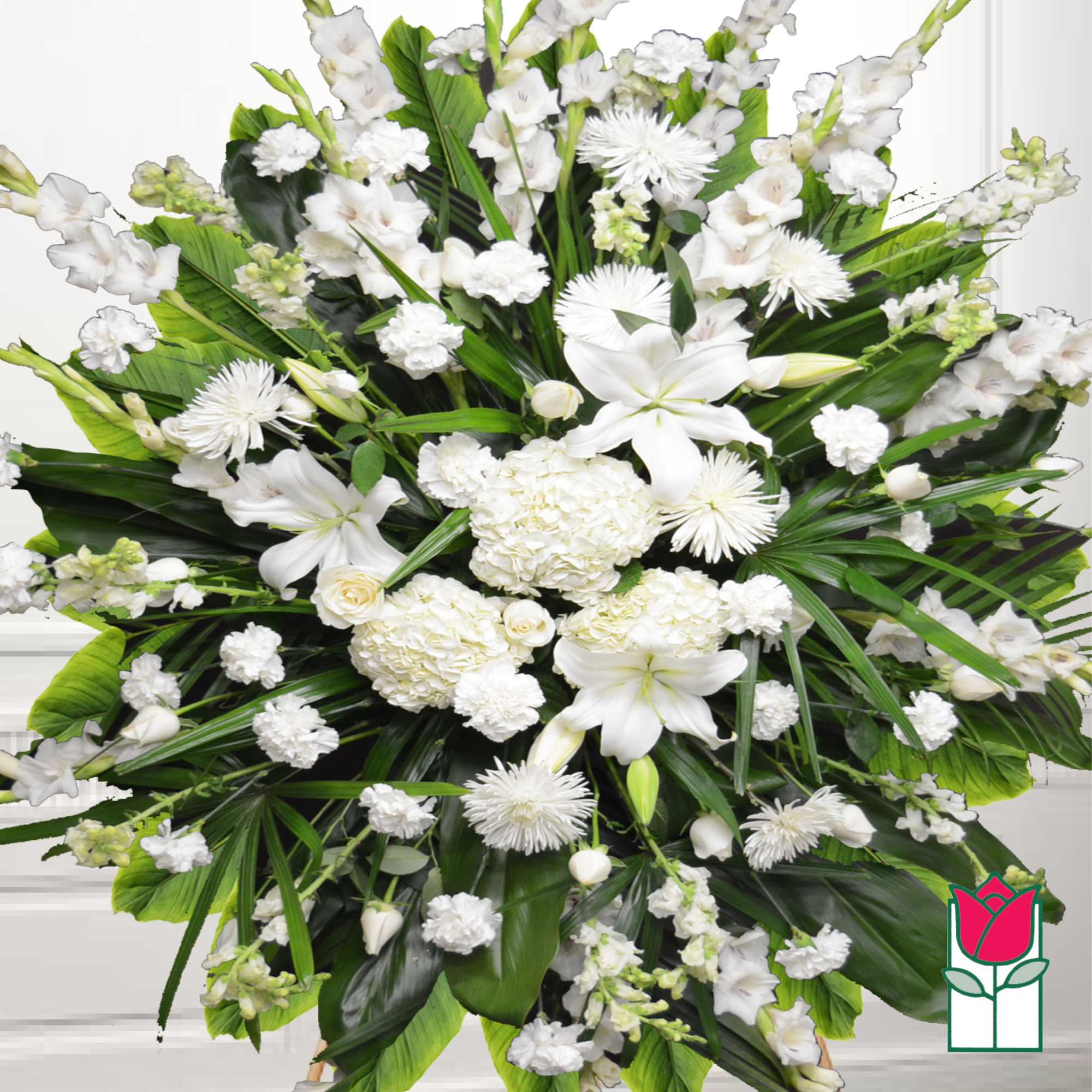 Large white floral spray with lilies and chrysanthemums
