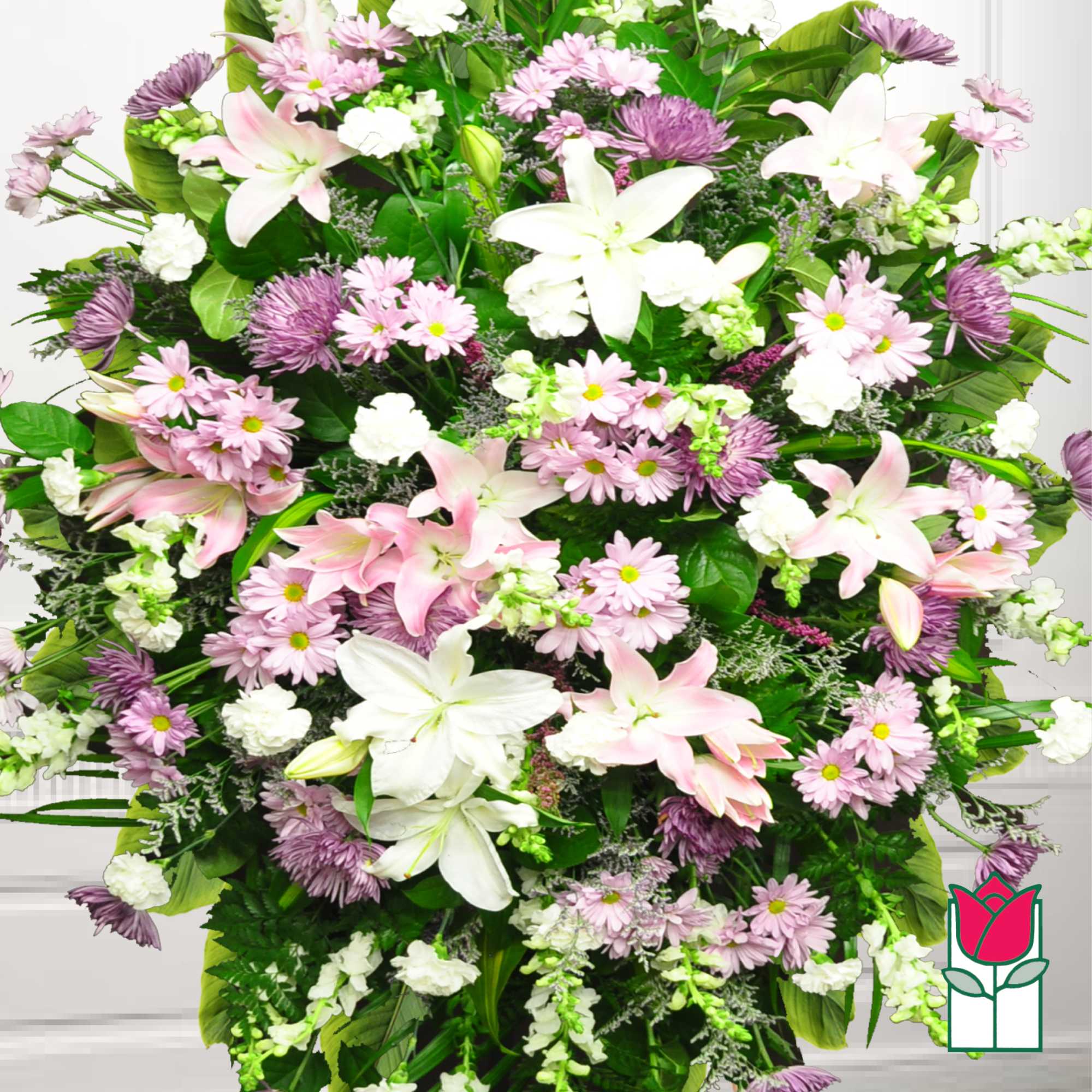 Large bouquet of white lilies and pink-purple daisies