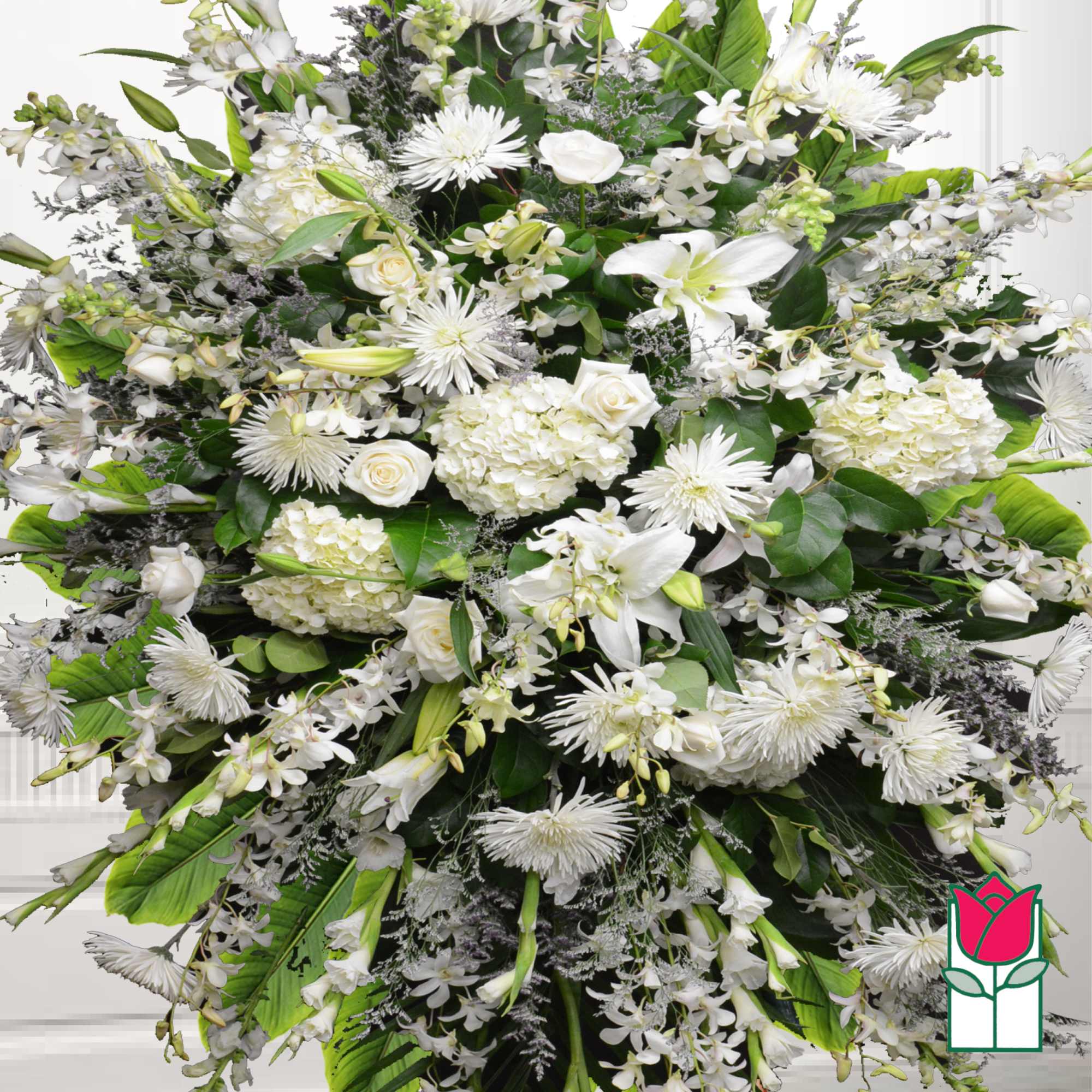 Large white floral spray with lilies, roses, and orchids