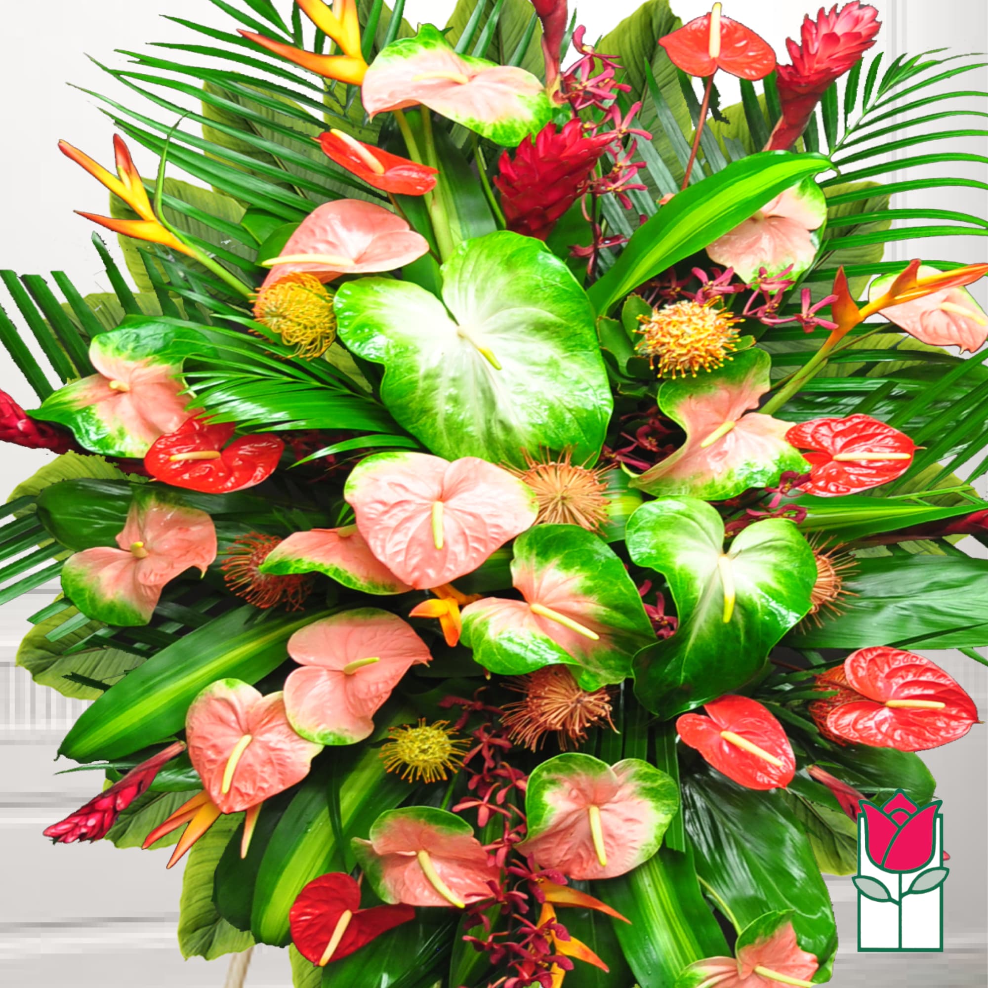 Tropical arrangement with pink and red anthuriums and palm leaves