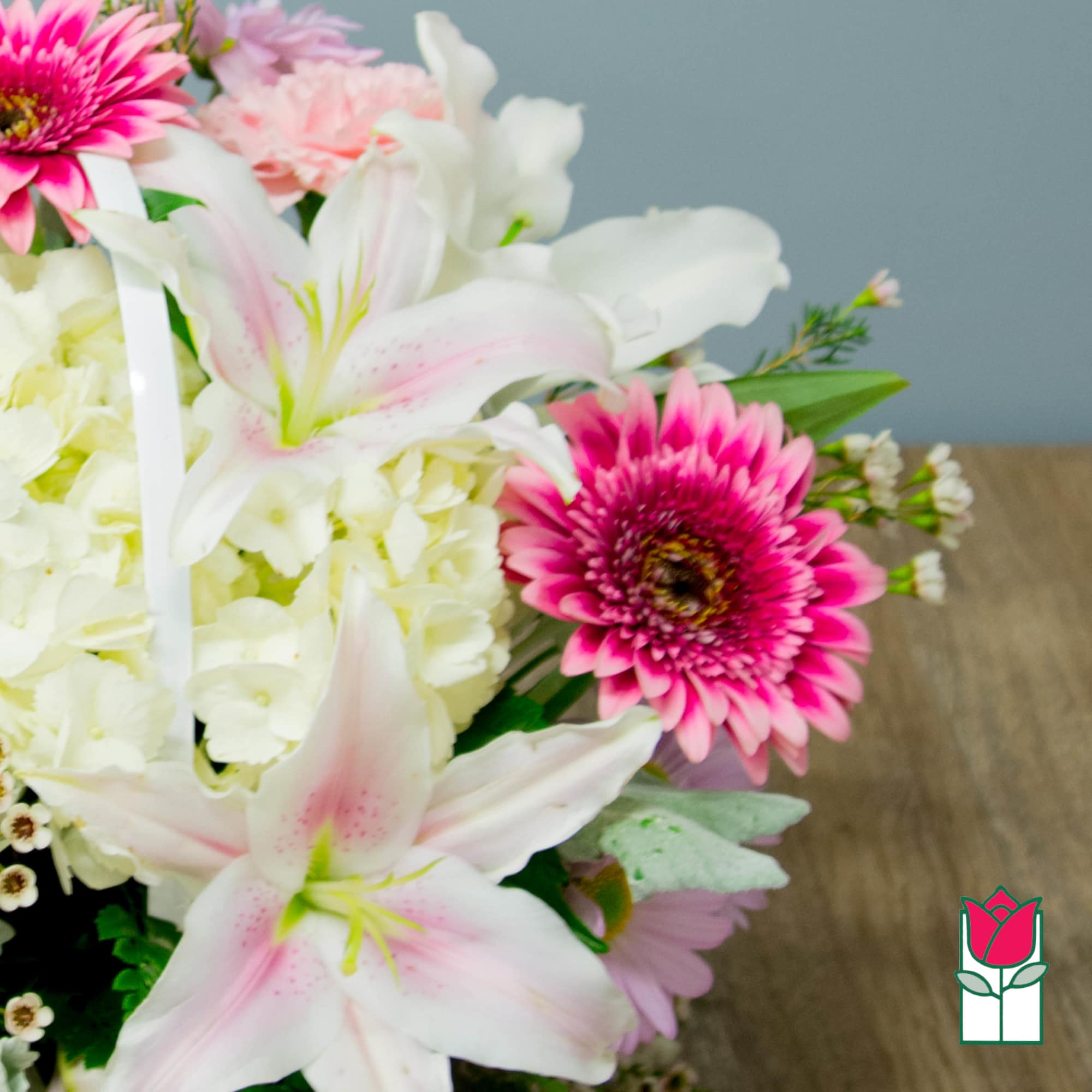 Bouquet of white lilies, pink gerbera daisies, and pale hydrangeas