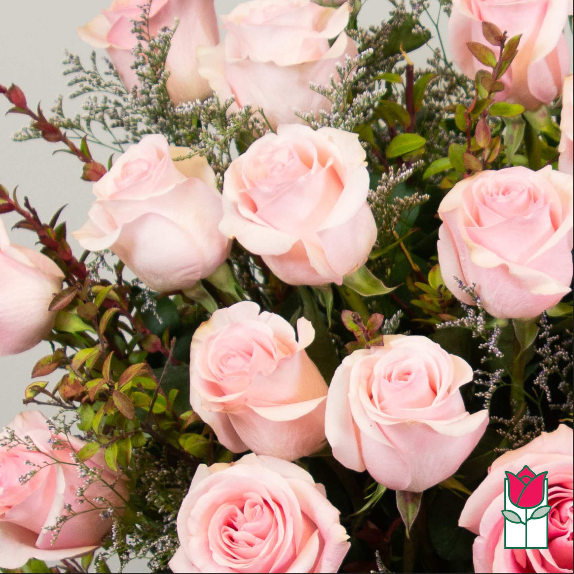 Bouquet of pale pink roses with mixed greenery