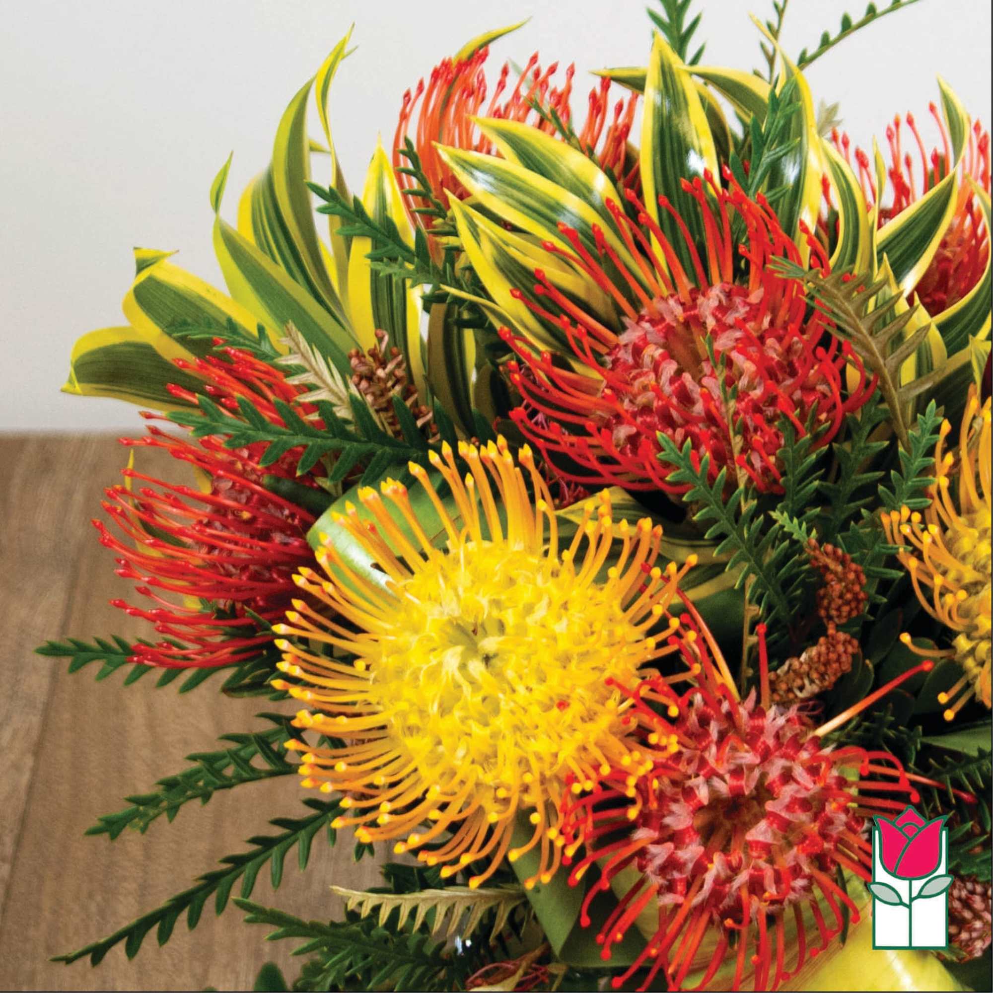 Bouquet of red and yellow pincushion protea with variegated leaves
