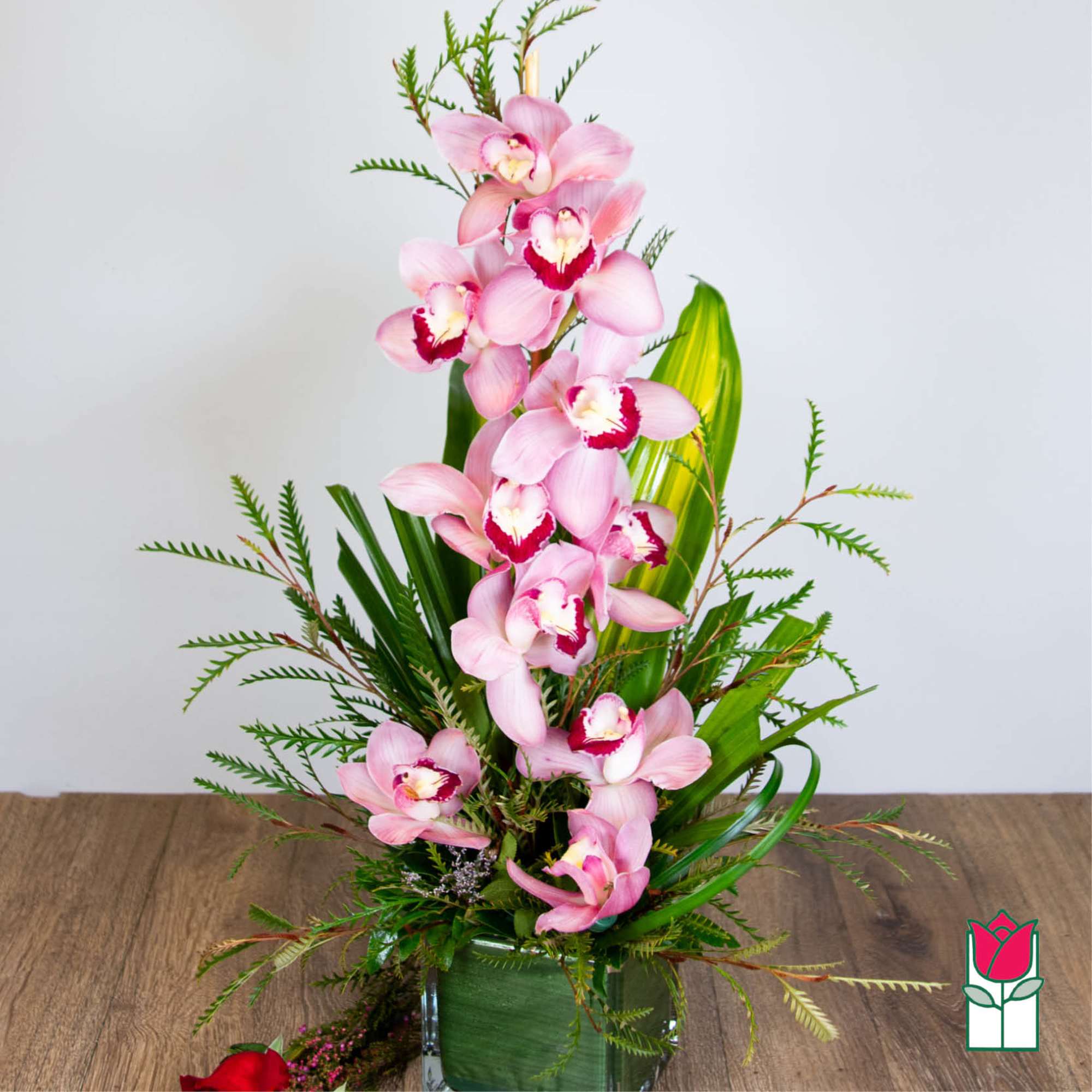 Tall arrangement of pink cymbidium orchids in a clear glass cube vase with lush foliage.