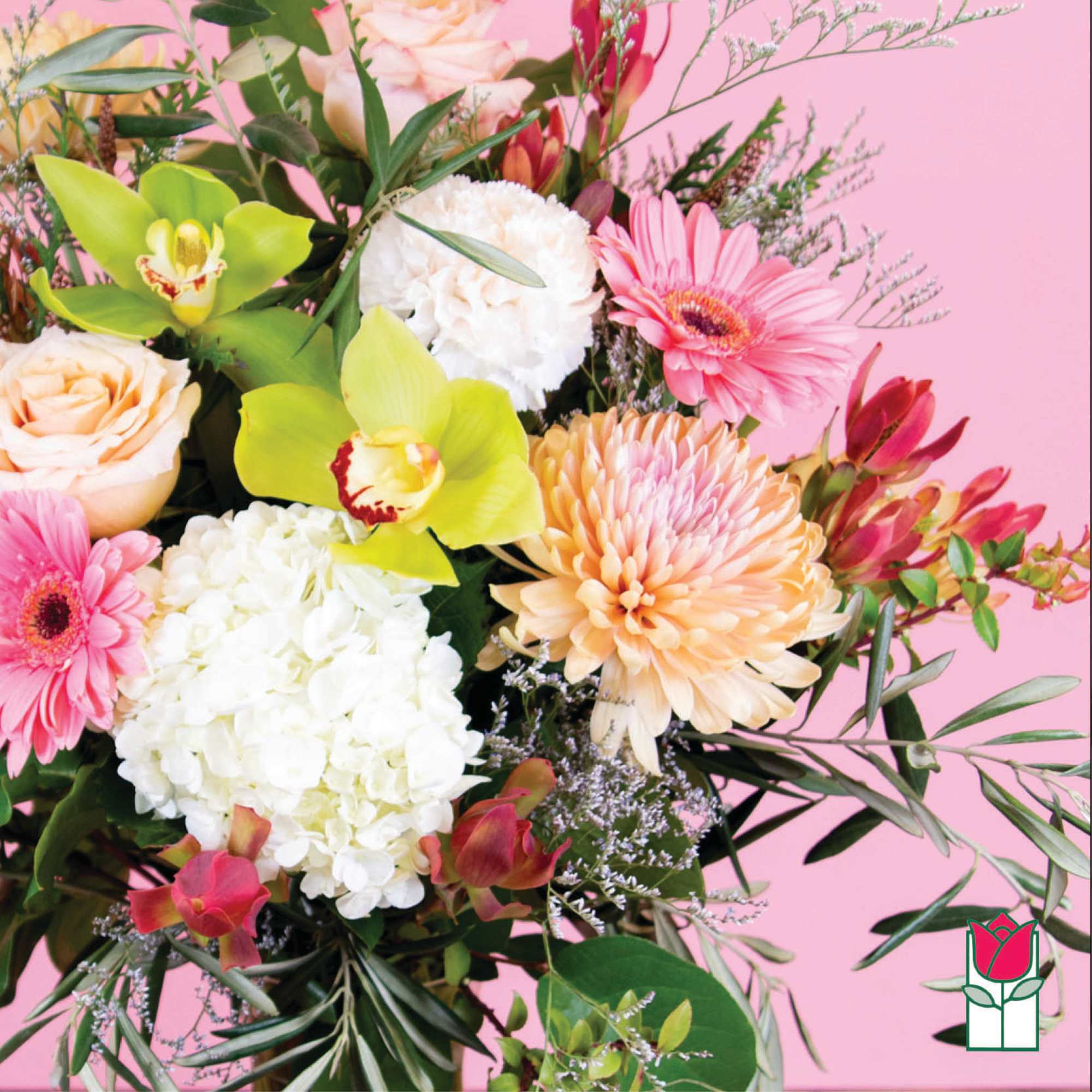 Mixed bouquet with pink gerberas, white hydrangea, and peach blooms