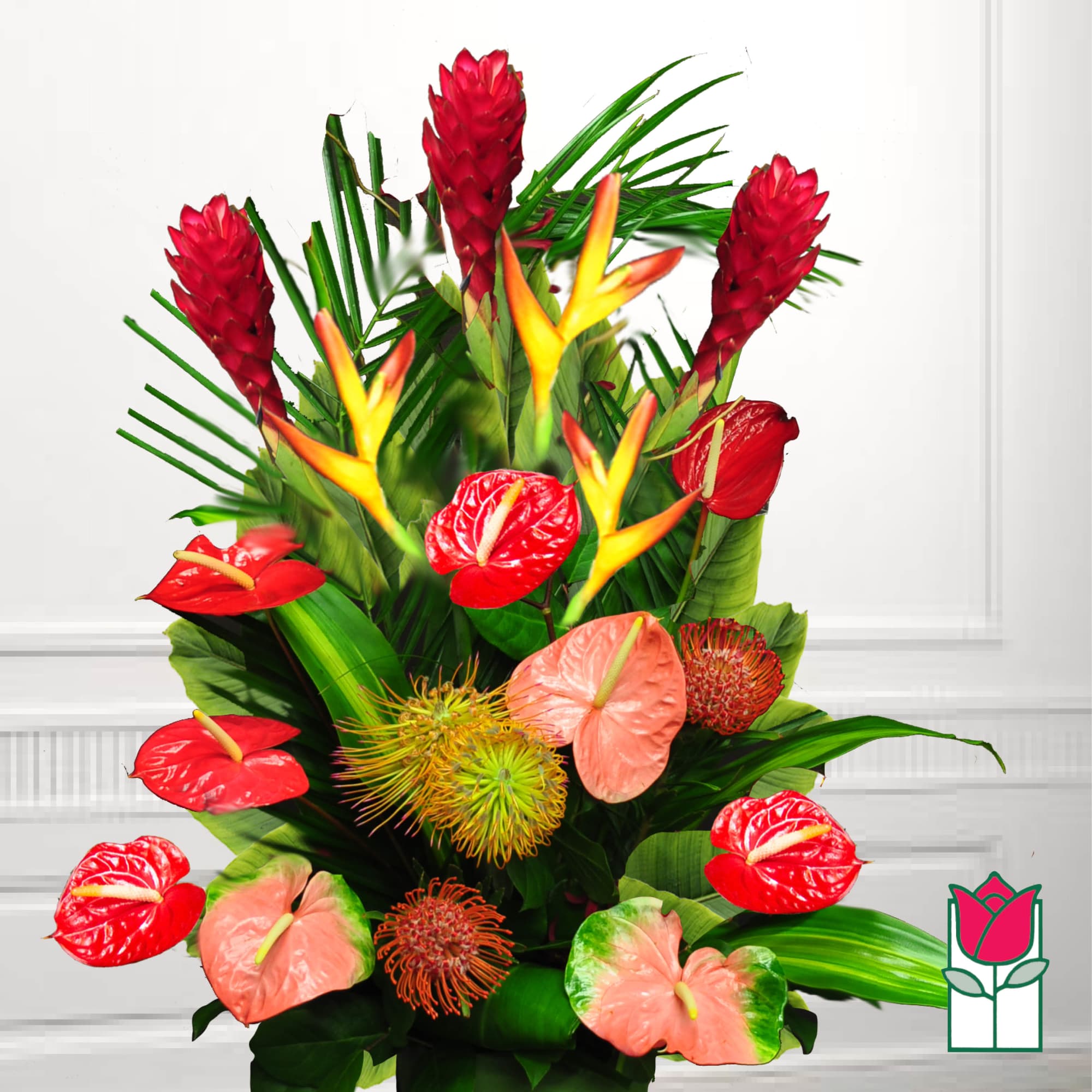 Tropical bouquet with red anthuriums and orange bird-of-paradise flowers
