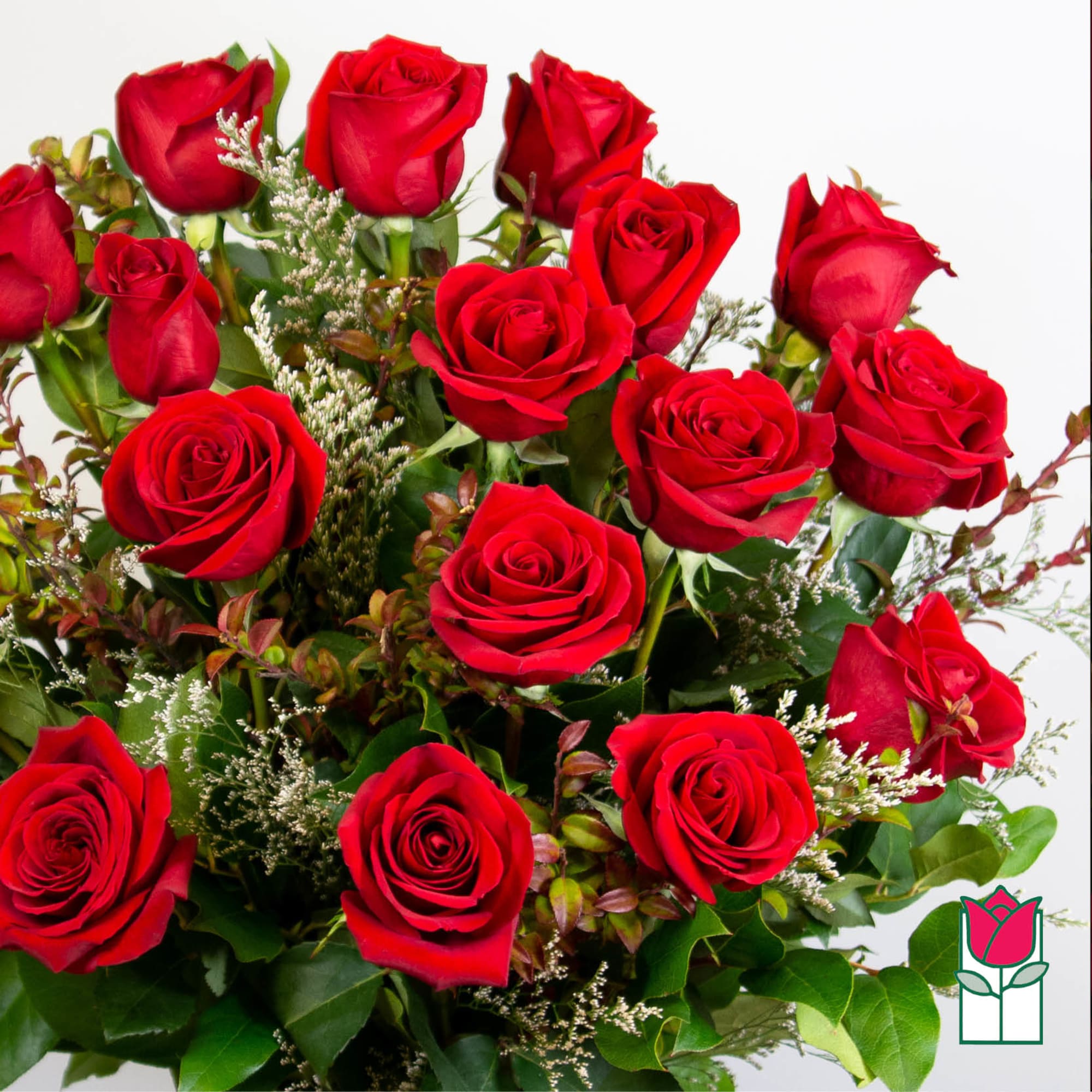 Bouquet of red roses with mixed greenery on a white background, photo 3 of 5