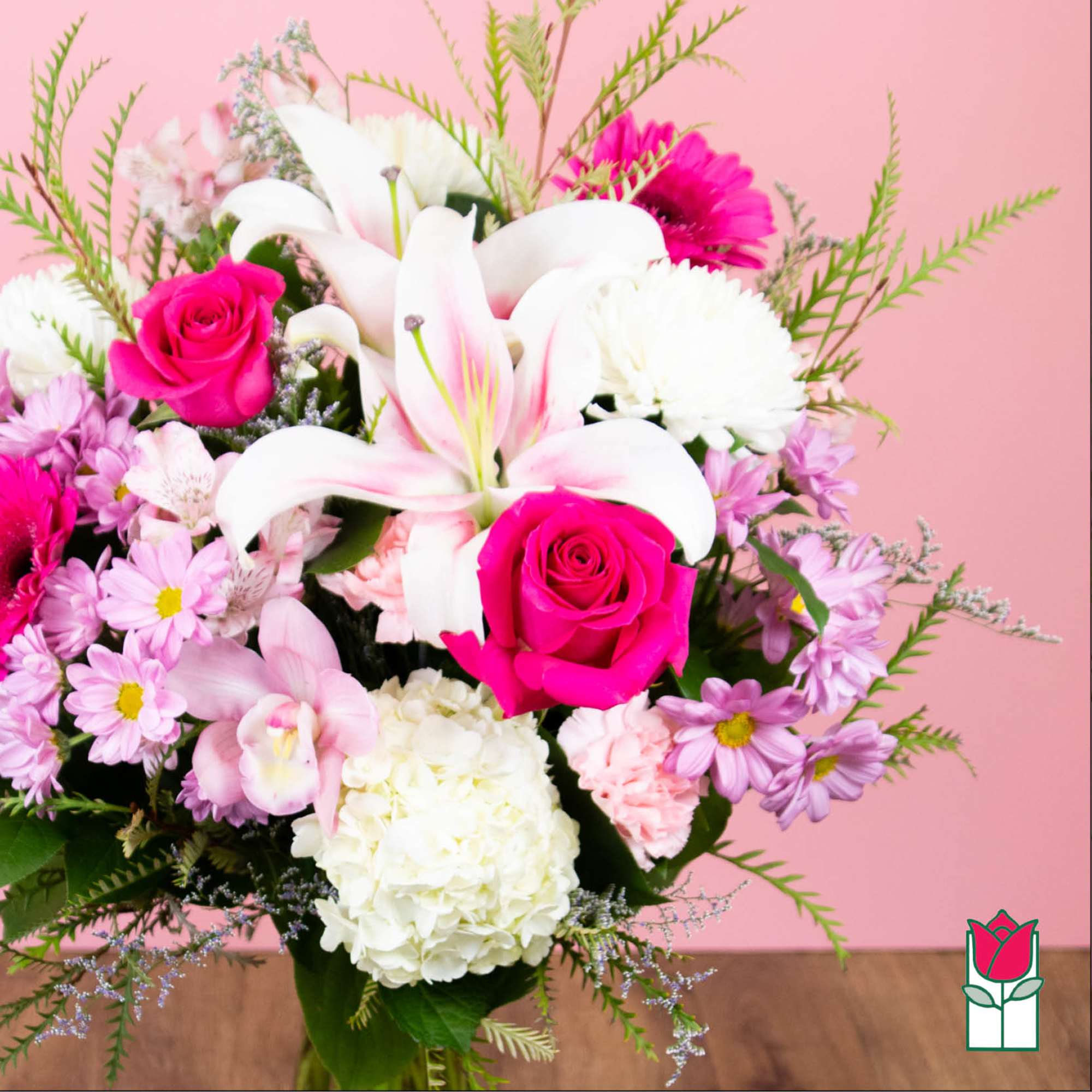 Pink and white mixed bouquet with roses, lilies, and daisies, photo 3 of 4