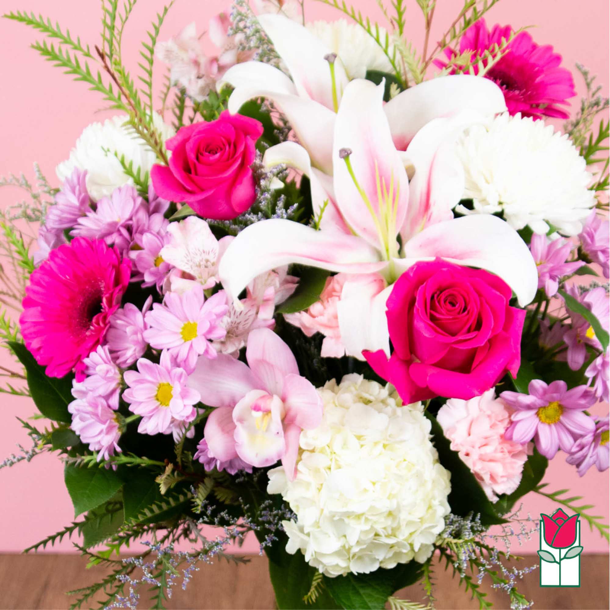 Pink and white mixed bouquet with roses, lilies, and daisies, photo 4 of 4