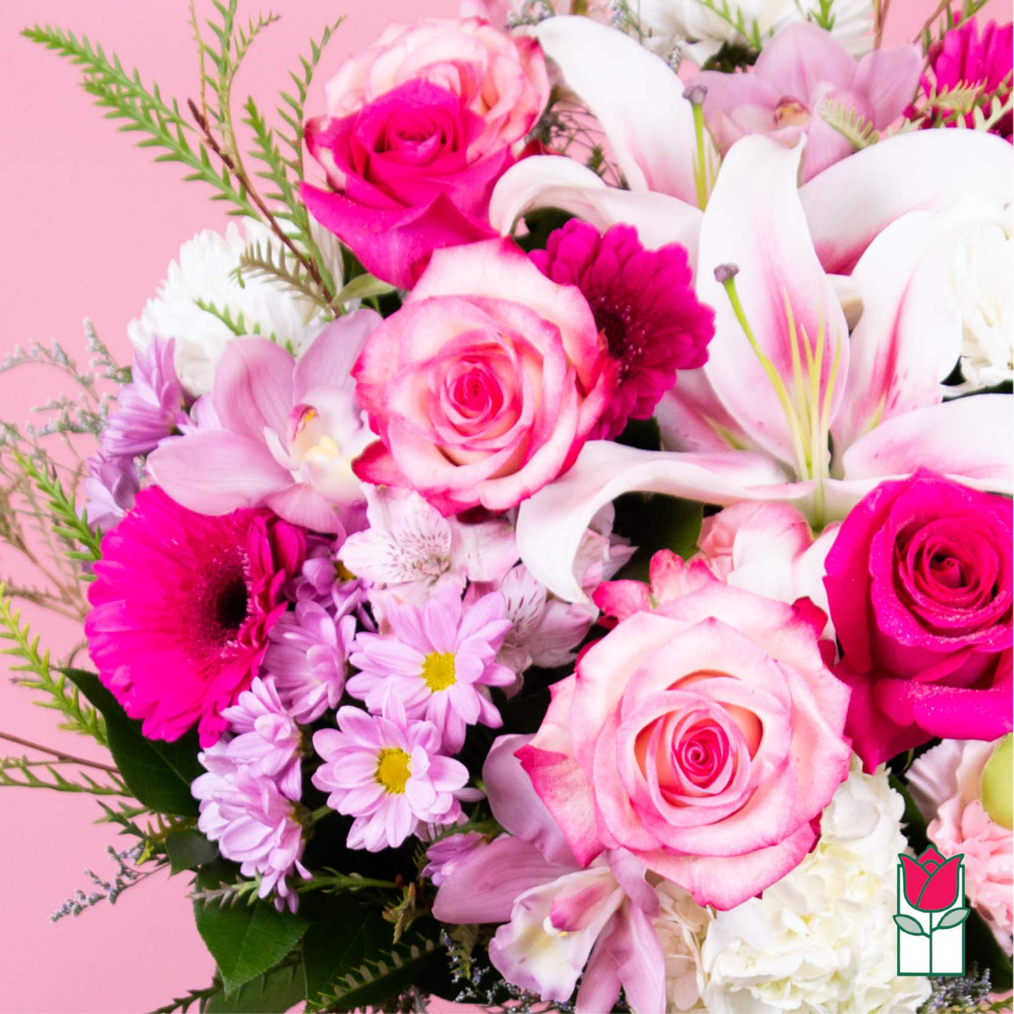 Pink and white bouquet with roses, lilies, and daisies, photo 4 of 6