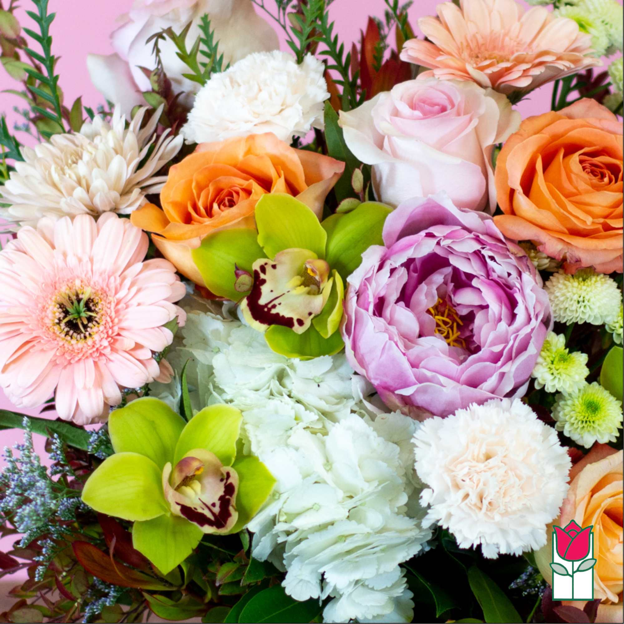 Mixed bouquet with pink, orange, white, and purple flowers