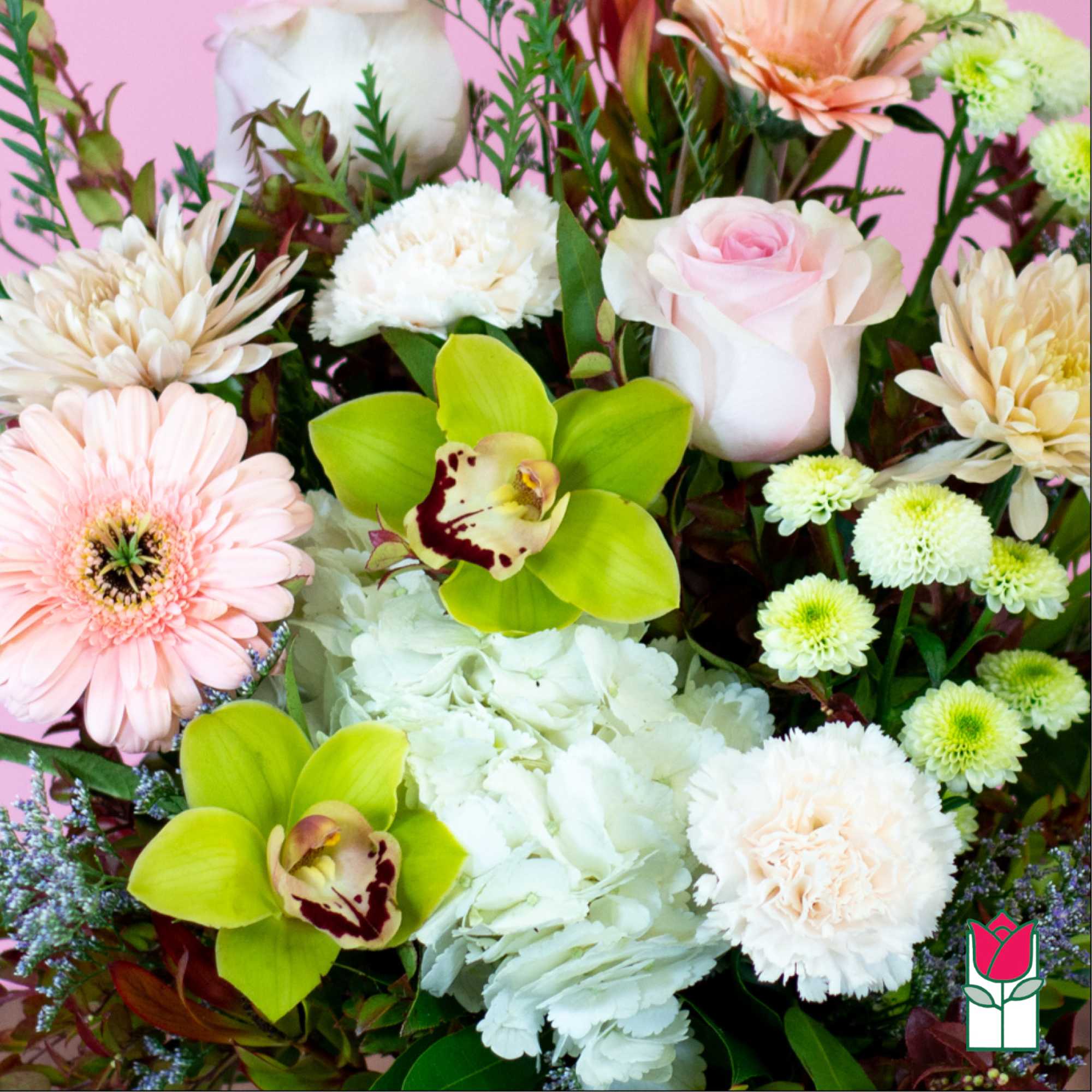 Mixed bouquet with pink gerbera daisies, roses, orchids, and white chrysanthemums