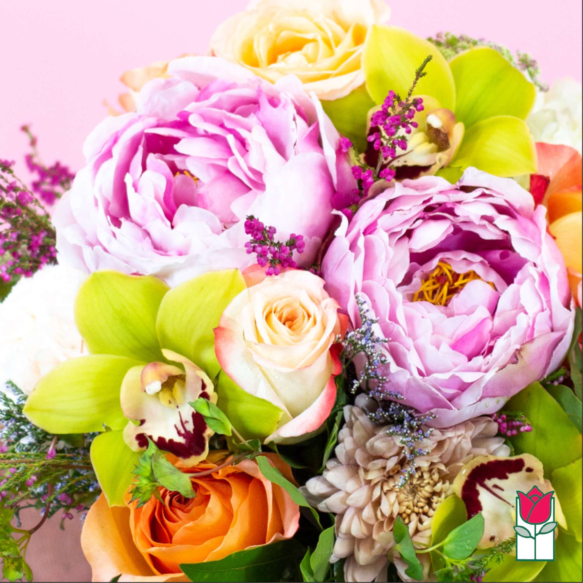 Bouquet of pink peonies, roses, and green orchids