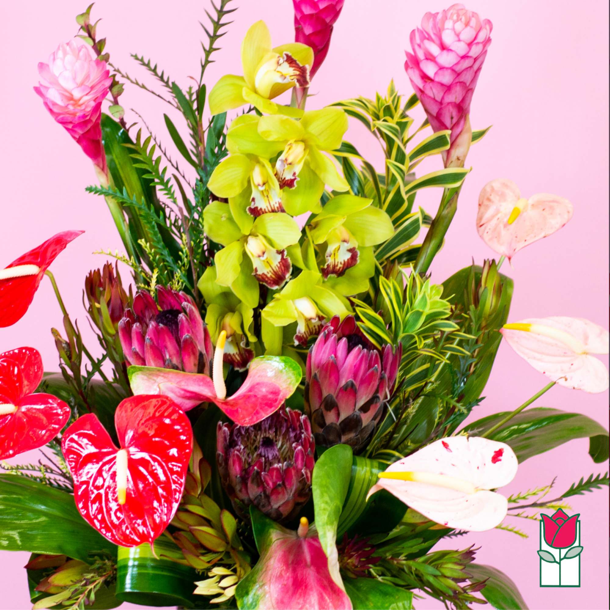 Tropical bouquet with pink anthuriums, orchids, and protea on a pink background