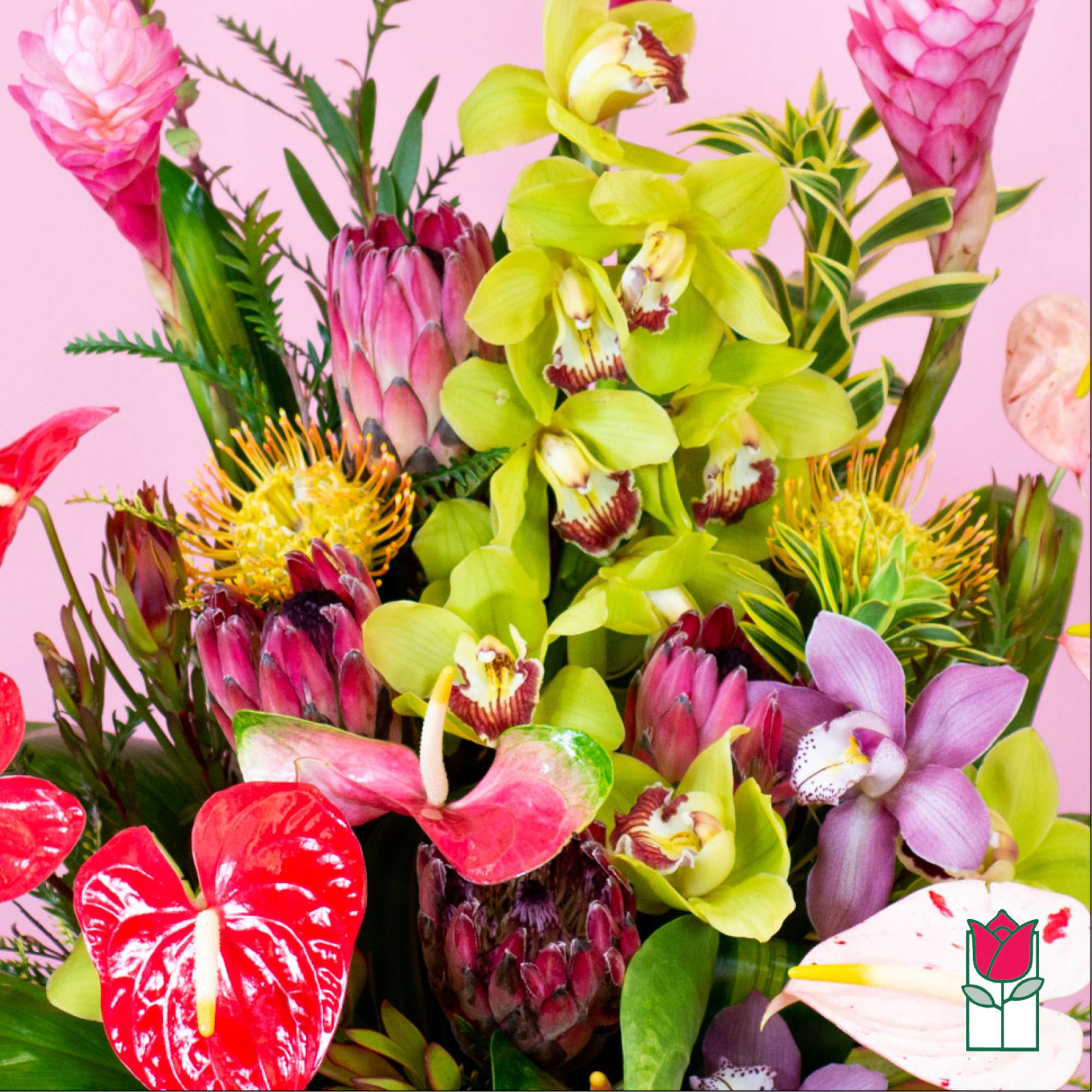 Tropical bouquet with orchids, anthuriums, and protea in bright pink and green