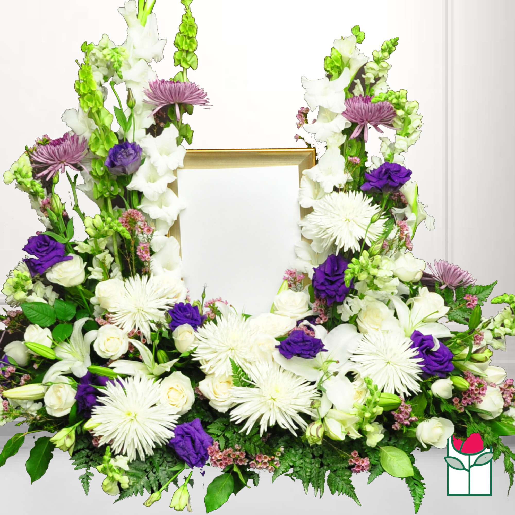 White and purple floral wreath with a blank center frame