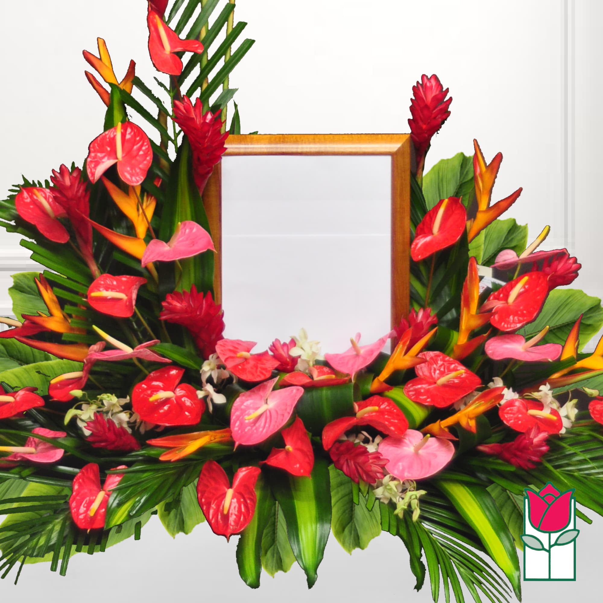 Tropical floral frame with red and pink anthuriums around a blank center