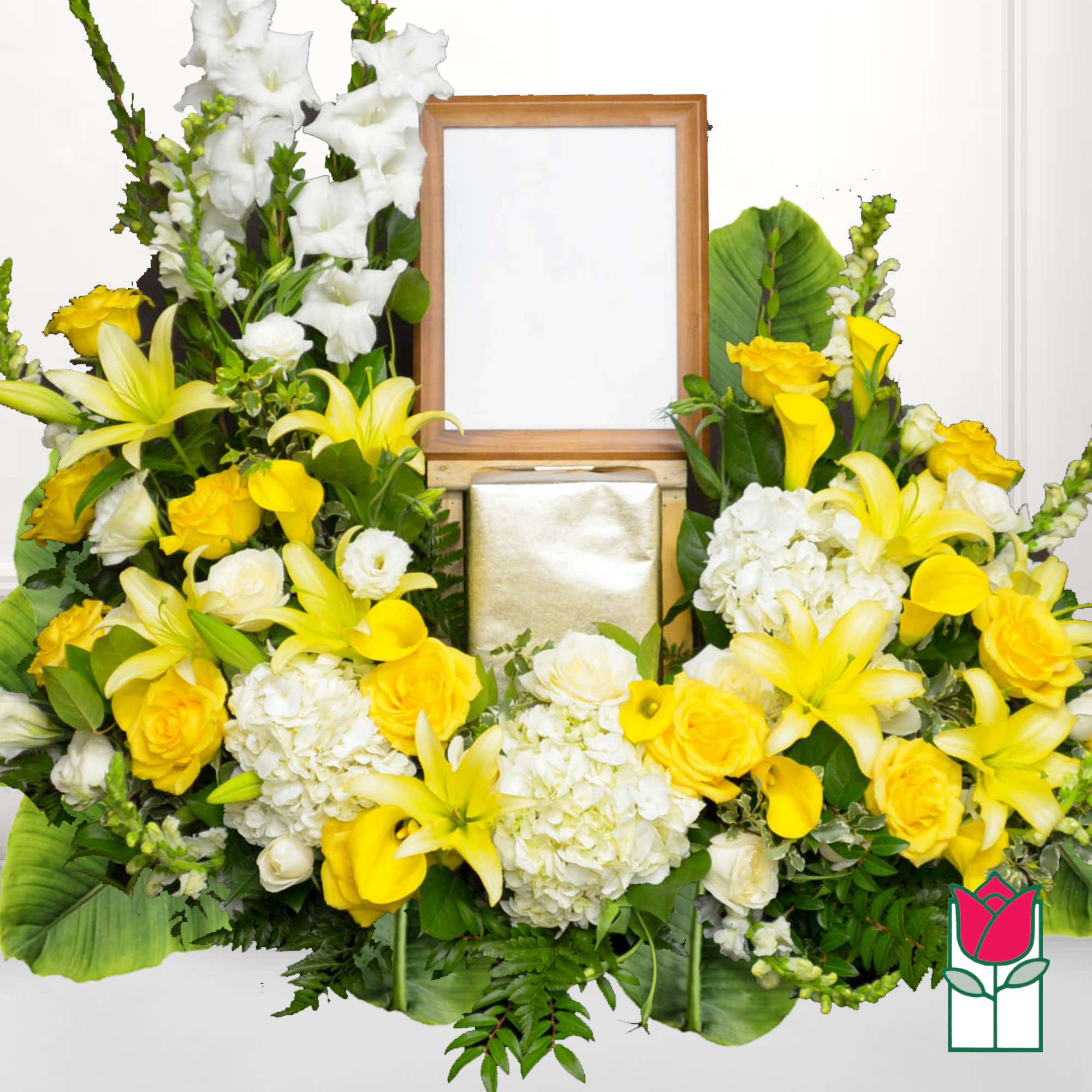 Yellow and white floral arrangement around a framed center display