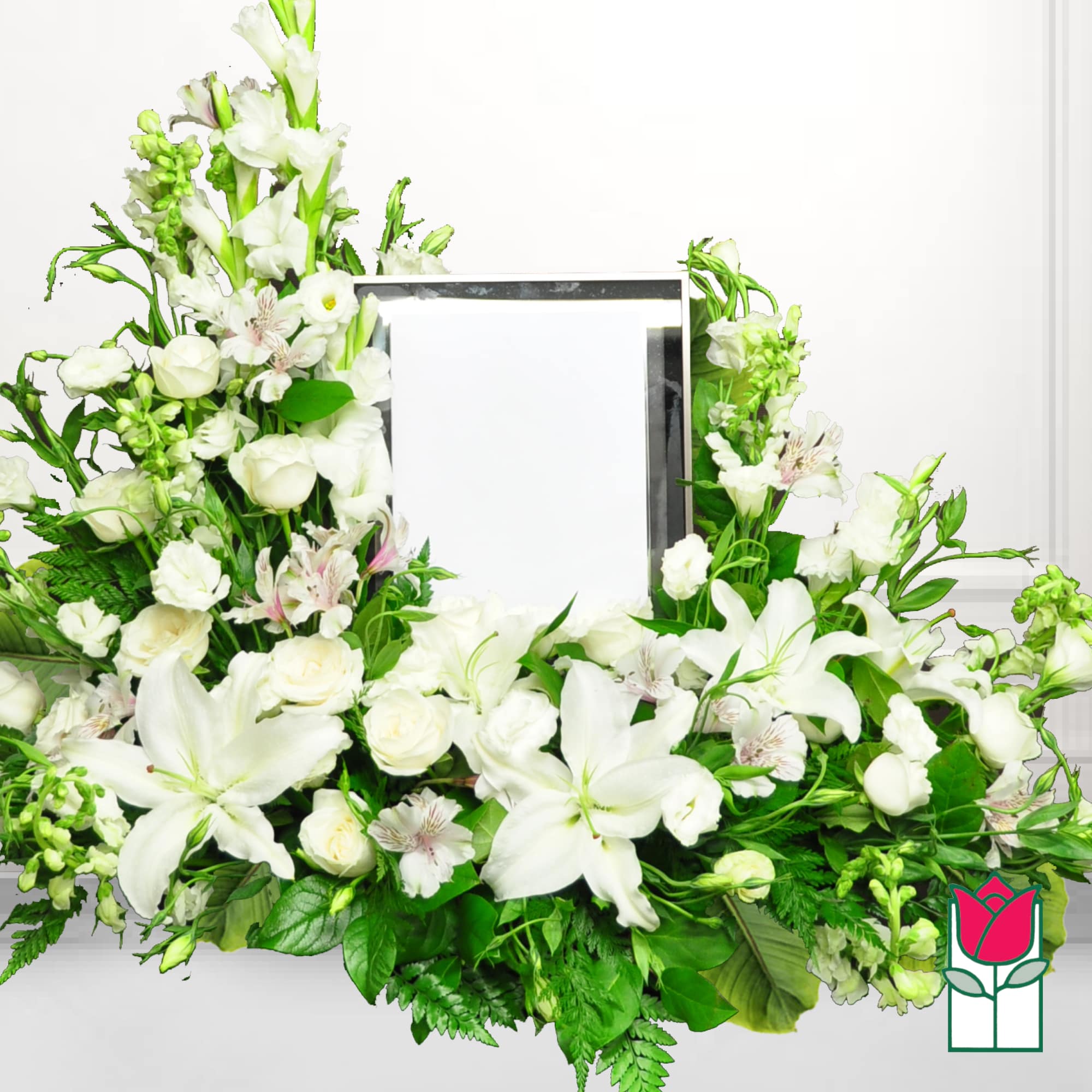 White floral wreath around a framed center opening