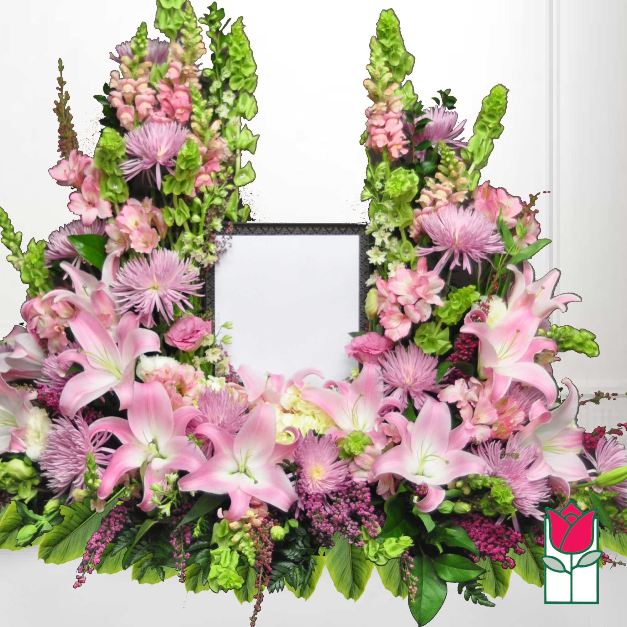 Pink lilies and purple flowers arranged around a square frame
